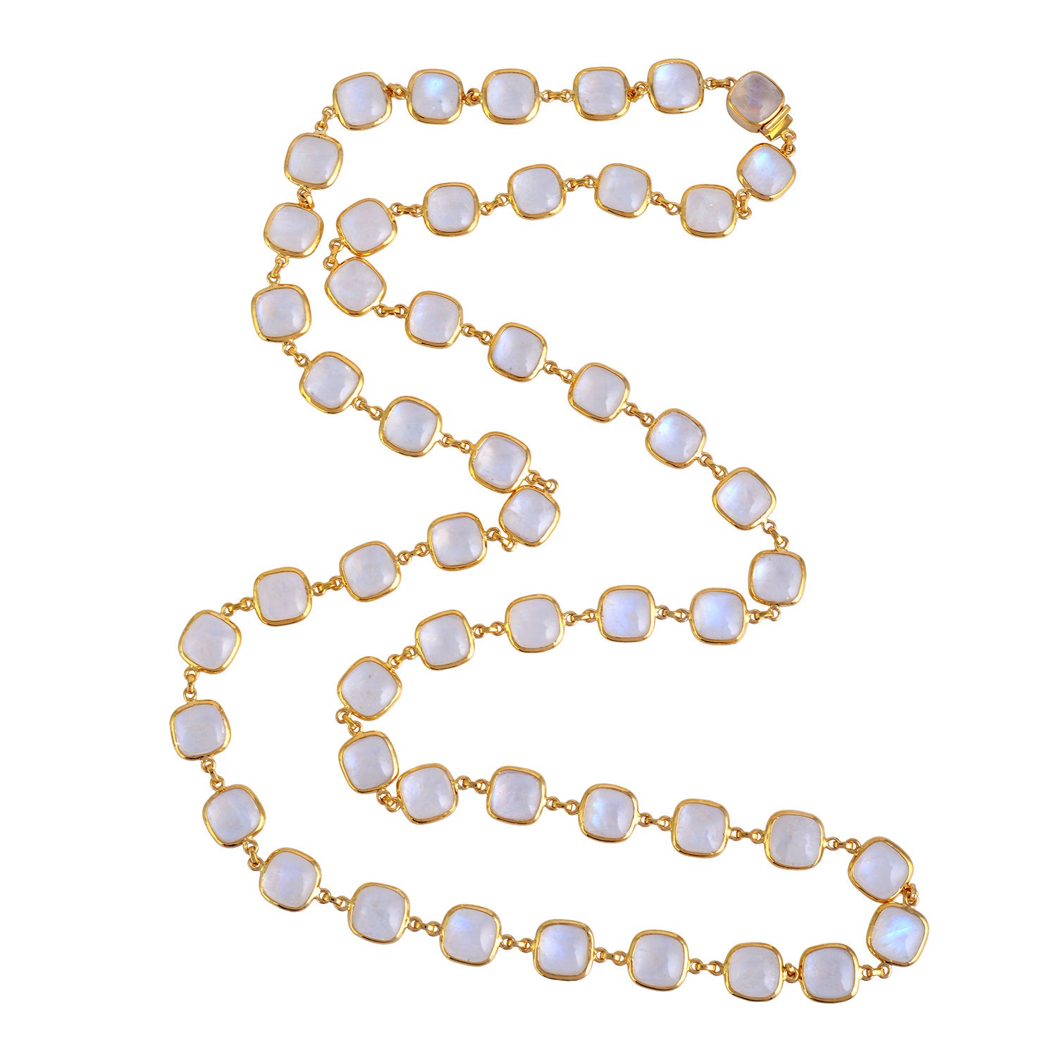 Cushion Cut Moonstone Bezel Set Opera Necklace in 18K Yellow Gold - Elegant Gemstone Jewelry for Evening Wear & Special Occasions