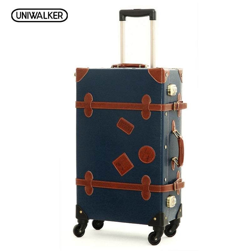 Vintage 2-Piece Retro Trolley Suitcase Set - 12 20 22 24 26 Inch Dark Blue Luggage for Travel | Durable Spinner Wheels, Expandable Design (Perfect for Business Trips, Vacations & Air Travel)