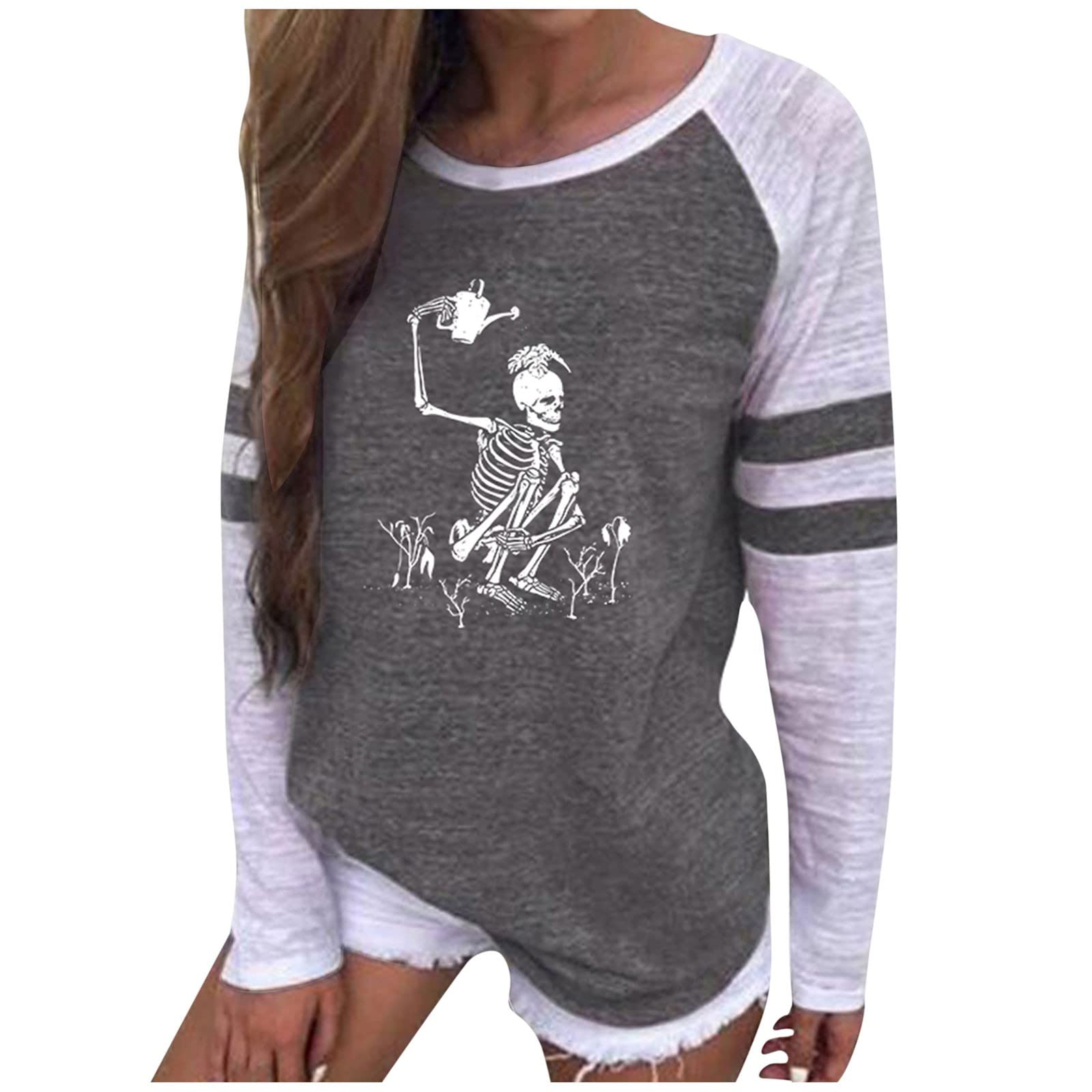 Women's Halloween Skeleton Print Tunic - Color Block Round Neck Long Sleeve T-Shirt | Fall Fashion Sweatshirt for Costume Parties & Spooky Season Outfits
