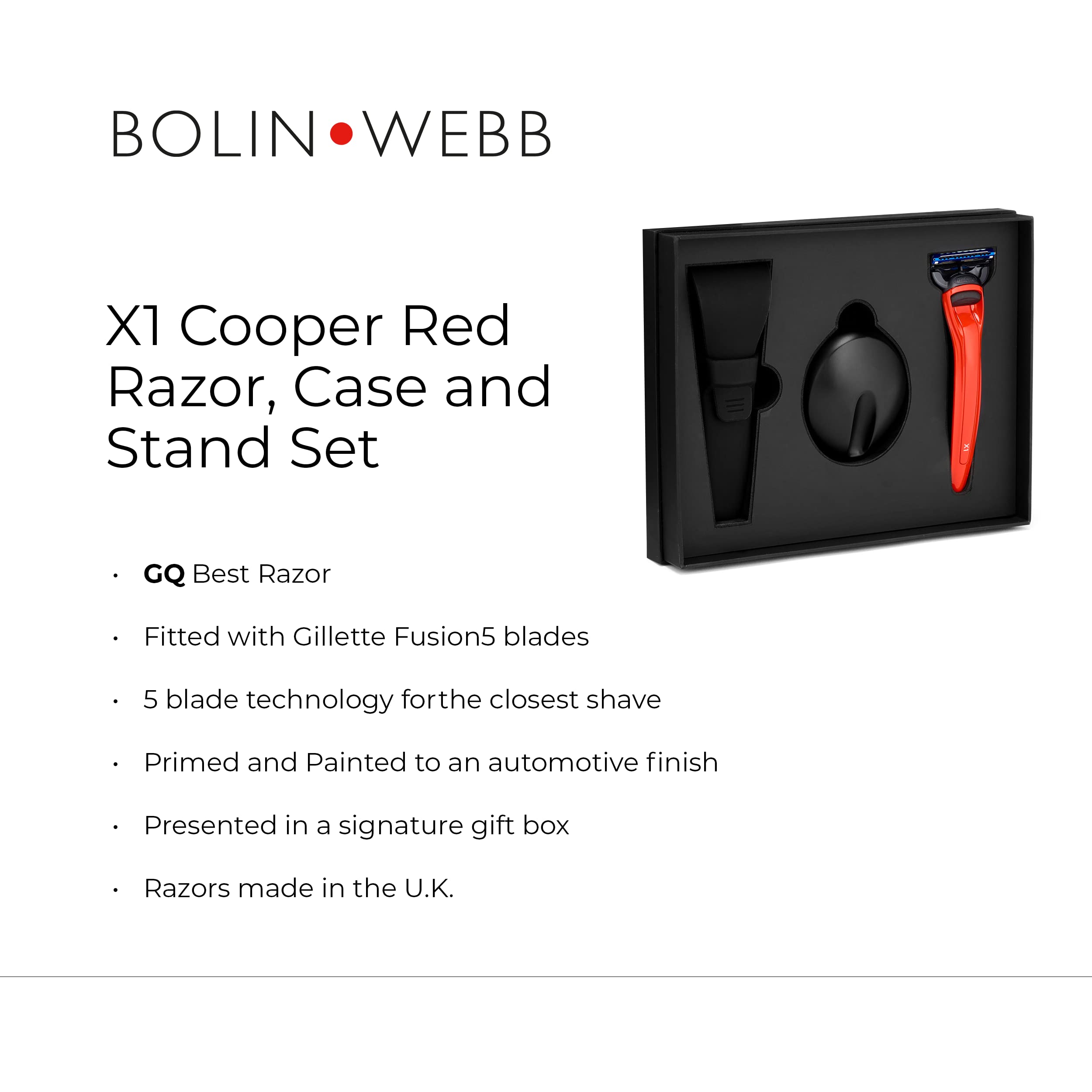 Bolin Webb X1 Razor Handle with Stand & Waterproof Travel Case - Red | Compatible with Gillette Fusion5 Blades | Premium British-Made Men's Shaving Kit | Perfect for Travel & Gift Giving