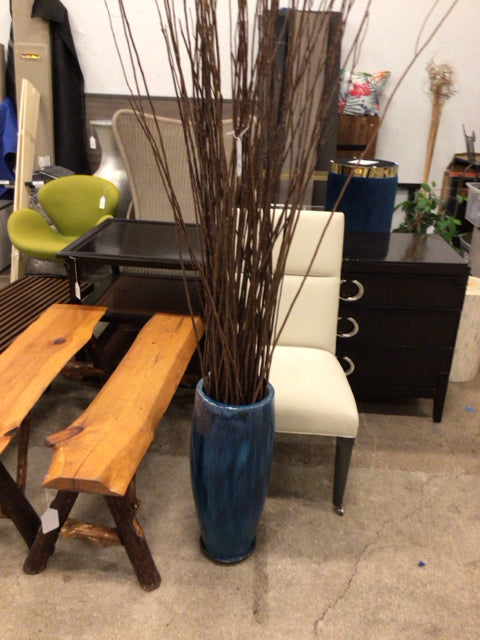 Tall Blue Ceramic Glazed Flower Pot with Twigs Design and Drainage Tray - Perfect for Indoor Plants, Home Decor, and Office Greenery
