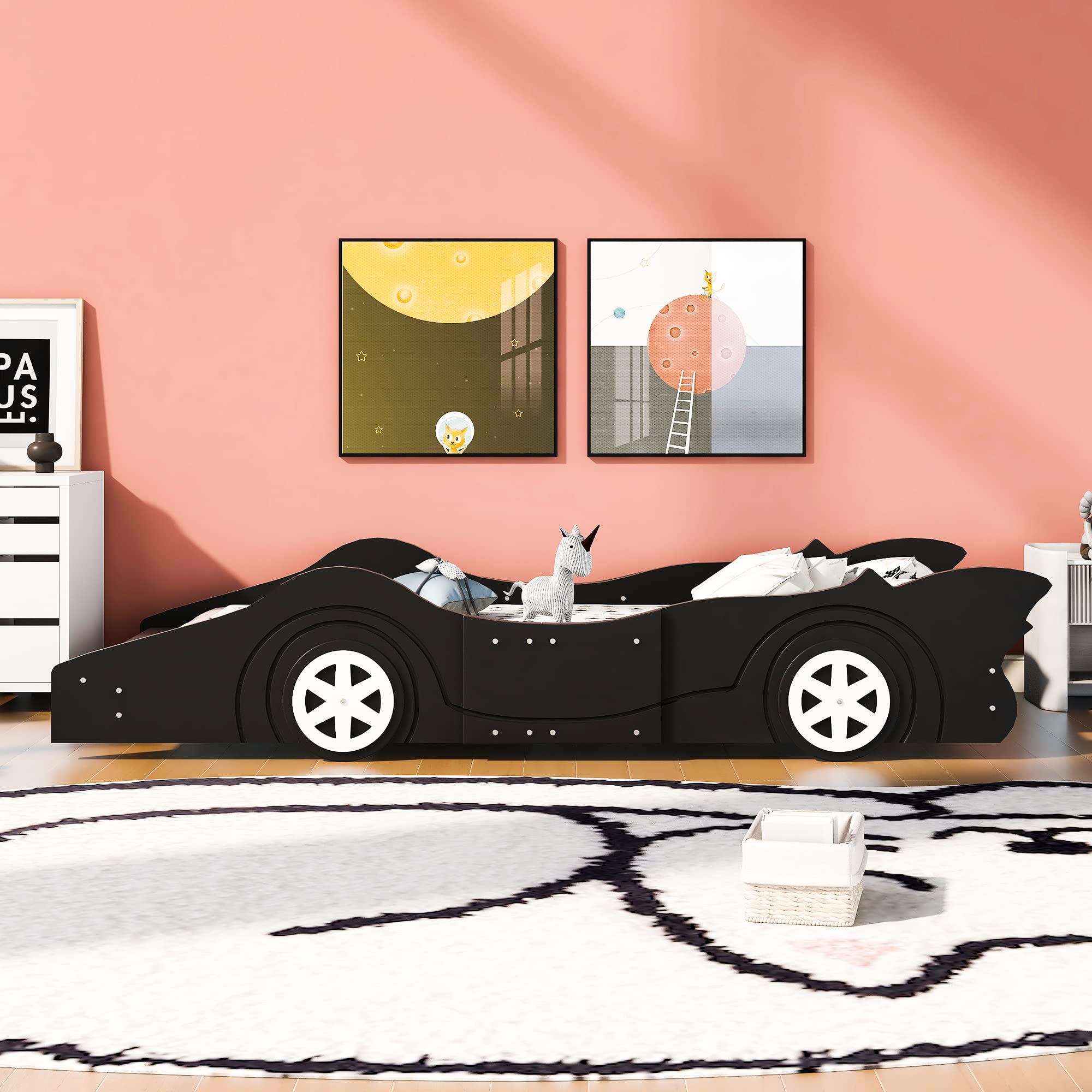 Race Car Twin Bed Frame for Kids - Lightning McQueen Wood Platform Bed with Wheels, No Box Spring - Perfect for Boys & Girls Bedrooms