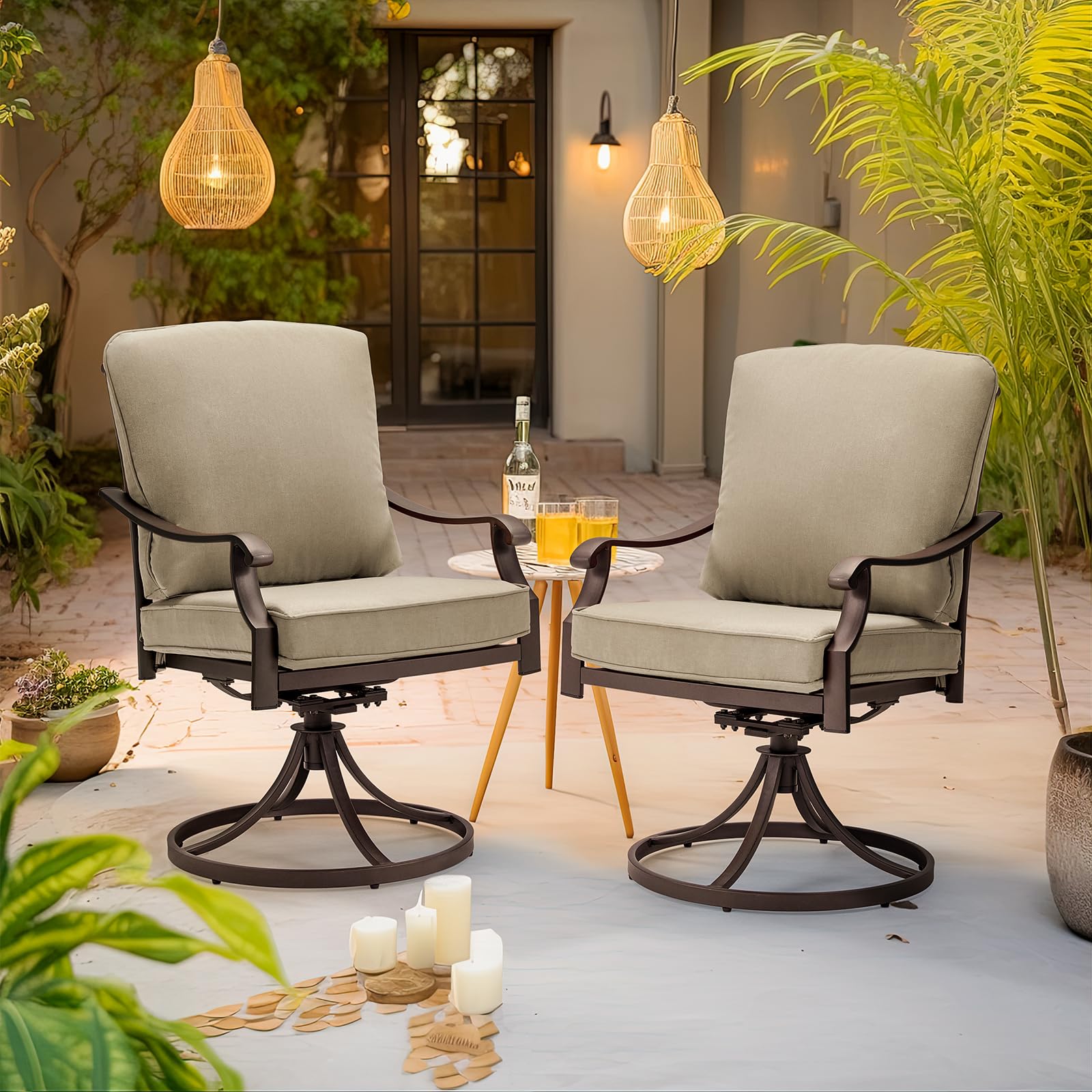 MELLCOM 2-Piece Patio Swivel Chair Set - Heavy Duty Outdoor Dining Chairs with Thickened Cushions, Gentle Rocking Metal Chairs for Garden, Lawn, Porch & Backyard - Khaki - Perfect for Outdoor Dining, Relaxing & Entertaining
