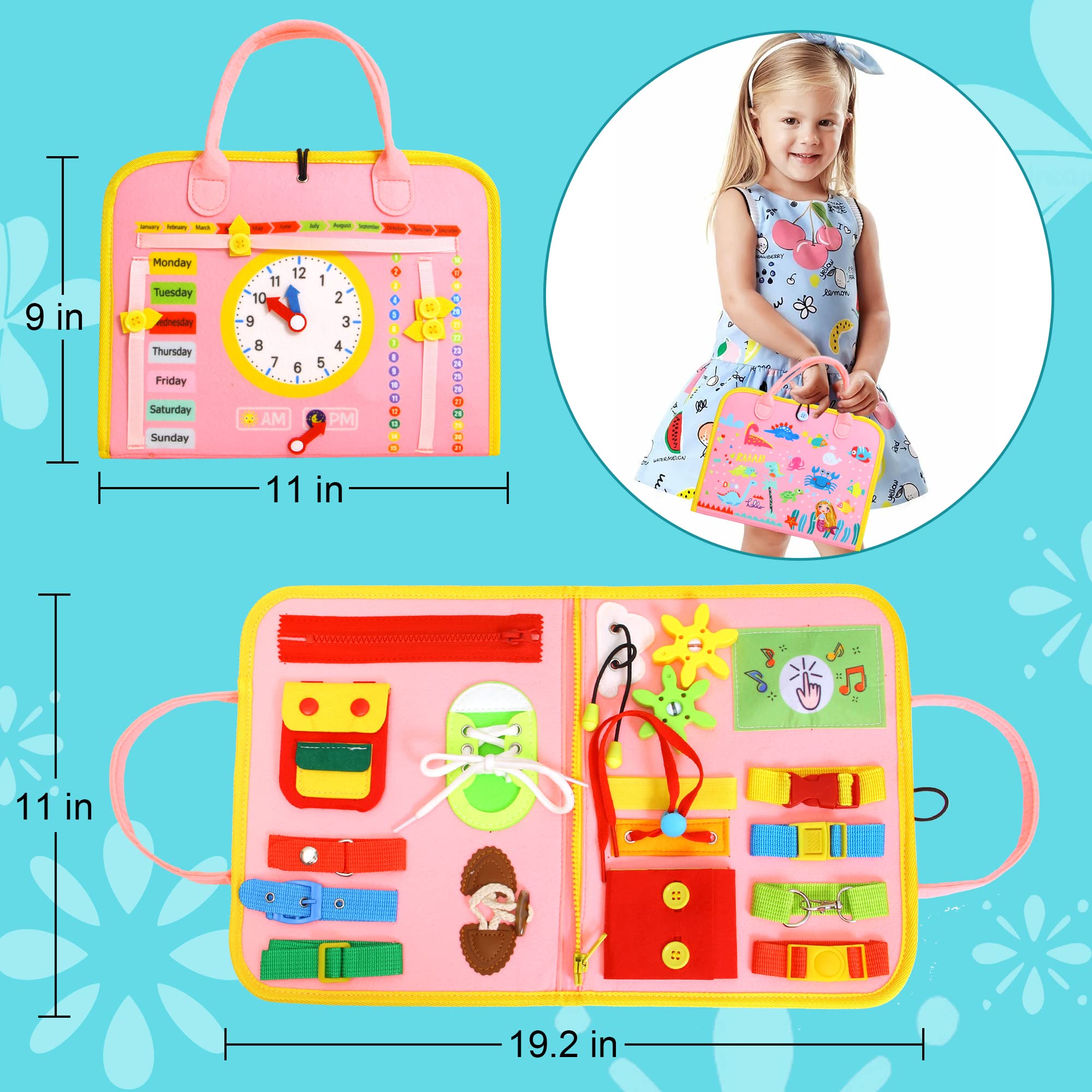 Montessori Busy Board for Toddlers 1-4 Years - Sensory Travel Toy for Preschool & Autistic Kids to Learn Basic Dress Skills - Educational Gift for Boys & Girls Birthday (Pink) - Perfect for Airplane, Car Rides & Home Learning Activities