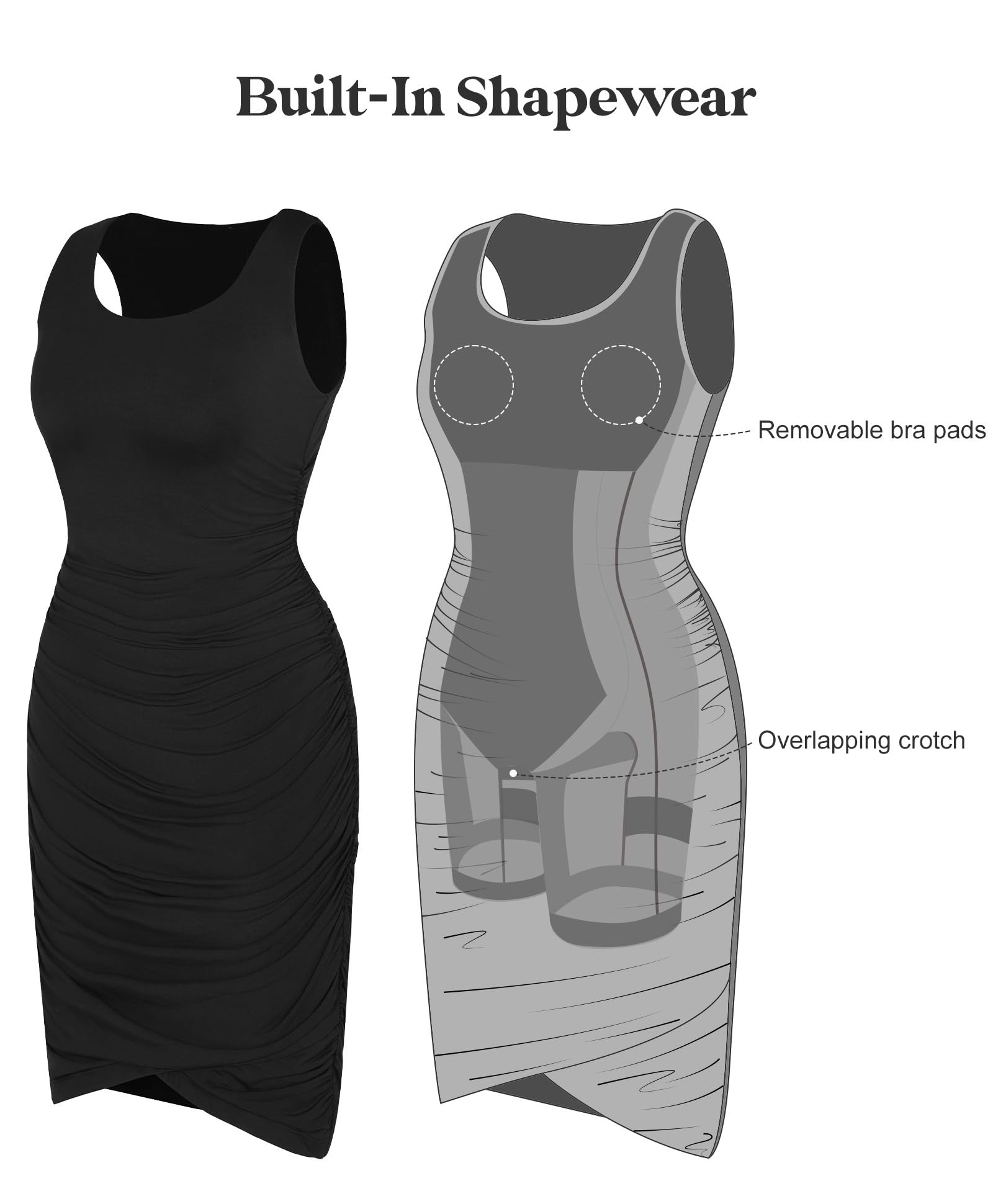 Popilush Women's Mini Dress - U-Neck Shapewear Tummy Control Bodycon Ruched Dress for Slimming & Smoothing | Perfect for Party, Club, Date Night & Evening Out