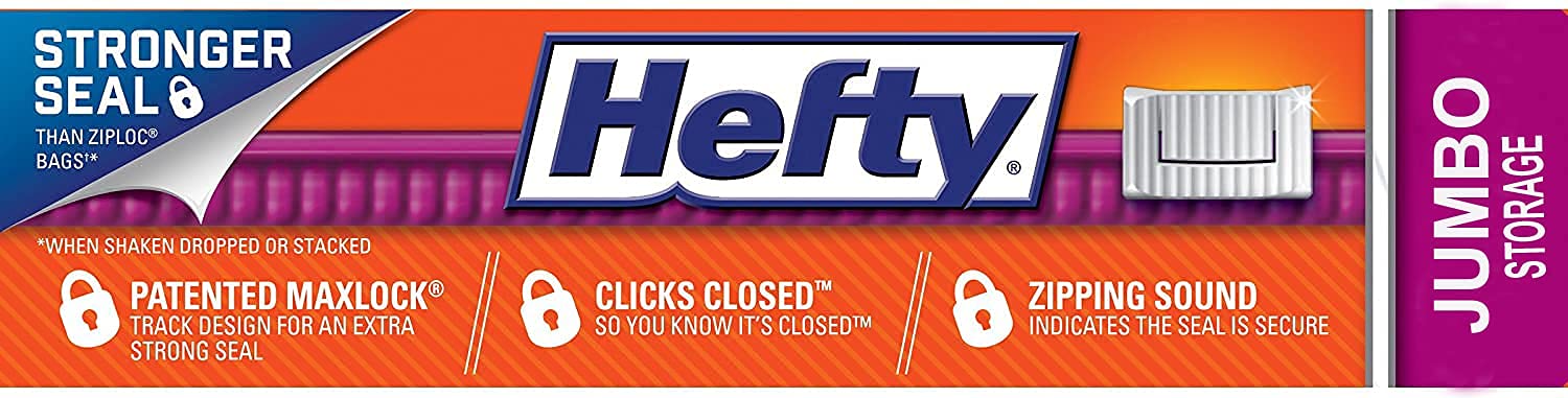 Hefty Jumbo Slider Bags 15 Count - Reusable 2.5 Gallon Plastic Storage Bags with Slide Zip Closure | Clear & Purple | Leak Proof Food Storage | Ideal for Meal Prep, Freezer Storage & Organizing Household Items