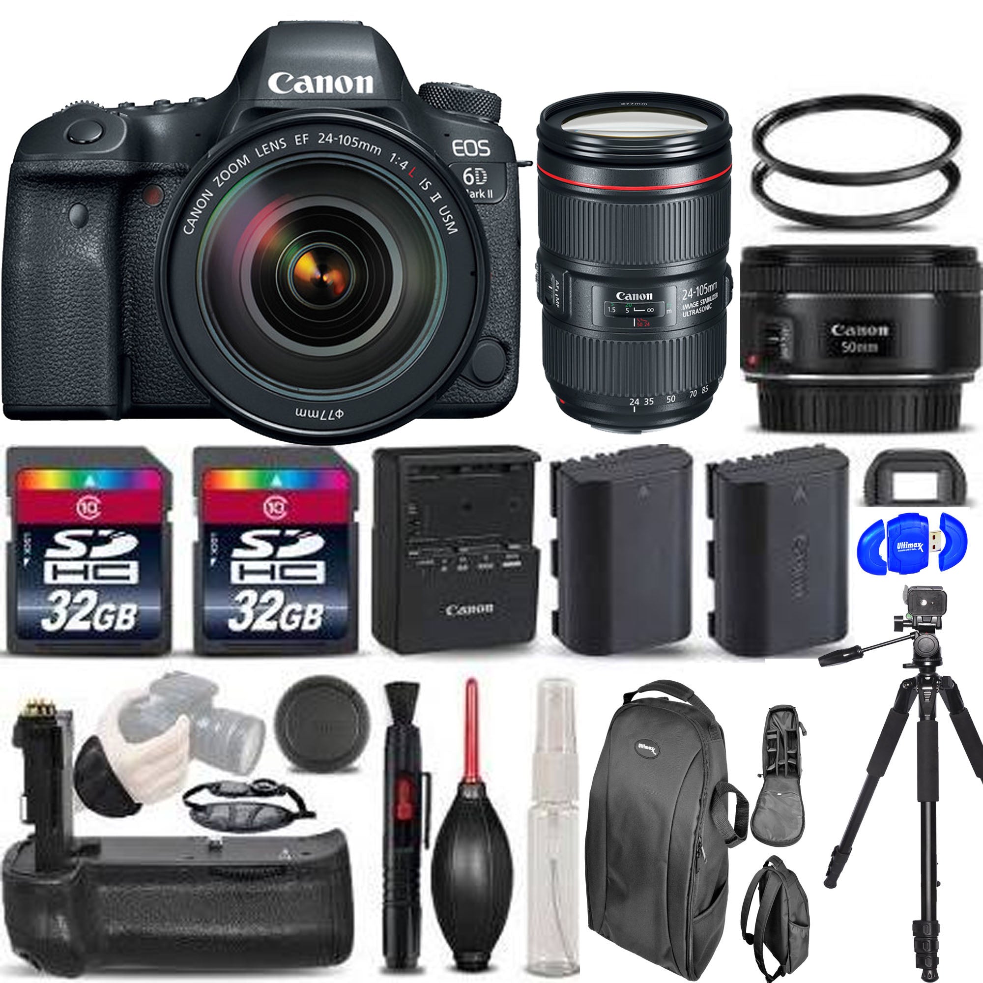 Canon EOS 6D Mark II DSLR Camera Bundle with 24-105mm f/4L II Lens, 50mm f/1.8 Lens, 2x 32GB Memory Cards & Battery Grip - Professional Photography Kit for Travel, Portraits & Events