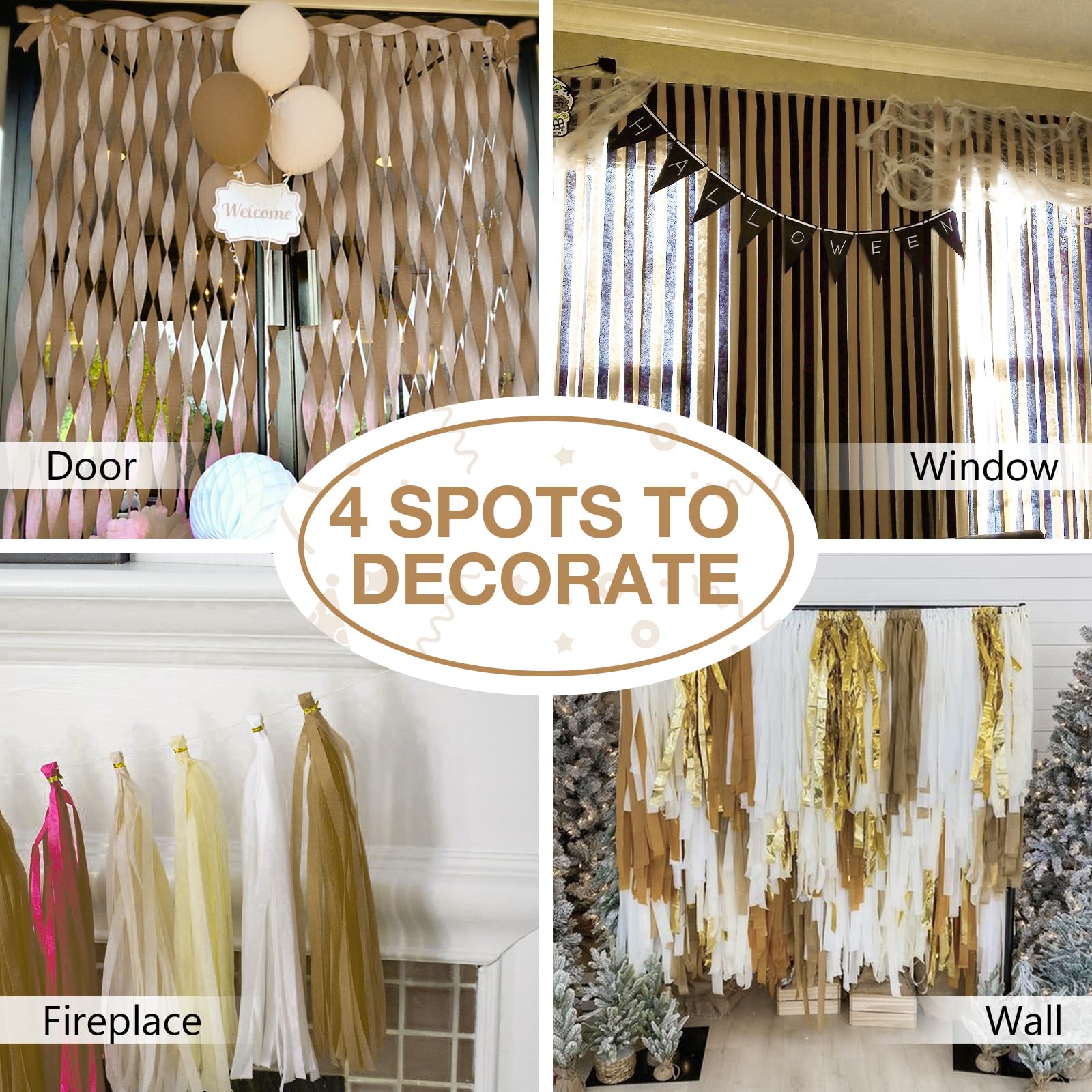 PartyWoo Crepe Paper Streamers 4 Rolls 328ft - Light Brown Party Decorations for Birthday, Wedding & Events | 1.8 in x 82 Ft per Roll | Perfect for Ceiling Decor, Backdrops & Photo Booth Backgrounds