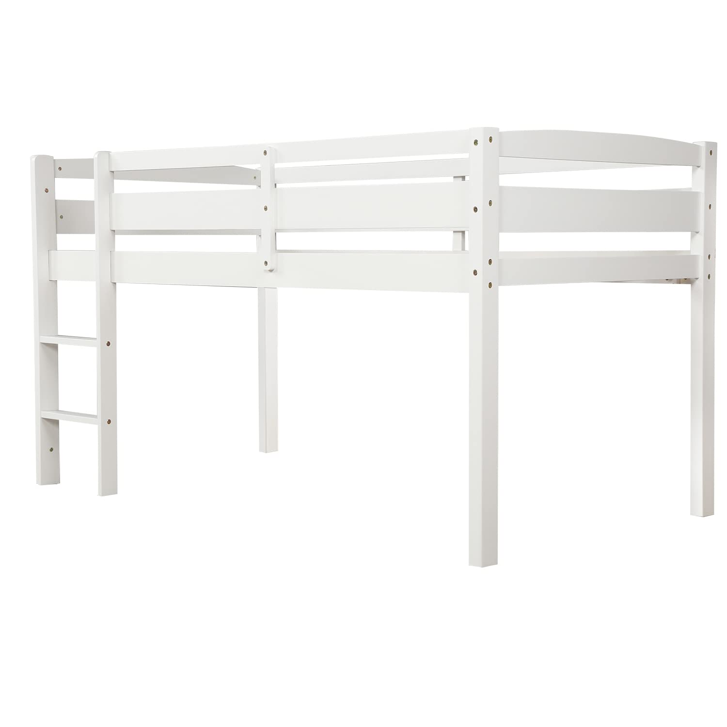 Twin Loft Bed with Ladder - Sturdy Wood Low Loft Bed Frame with Full-Length Guardrails, No Box Spring Needed - Perfect for Kids & Teens Bedrooms, Dorm Rooms & Small Spaces (White)