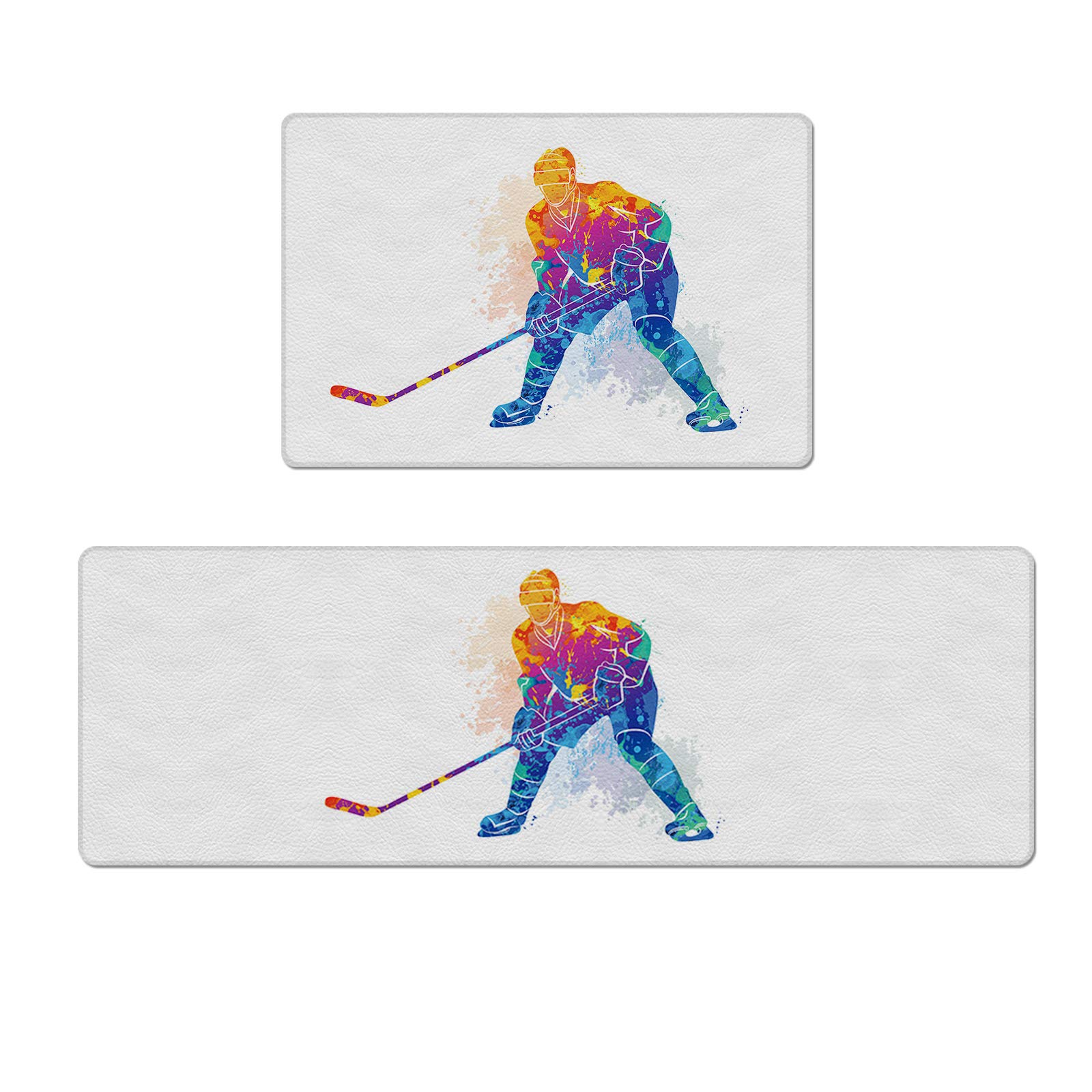 Non-Slip Watercolor Hockey Sports Kitchen Rugs Set of 2 - 18