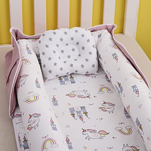 Brandream Baby Nest Bed - Portable Unicorn Crib for Newborn Girls, Pink & White Co-Sleeping Lounger - Perfect for Travel, Bedroom & Nursery Safety