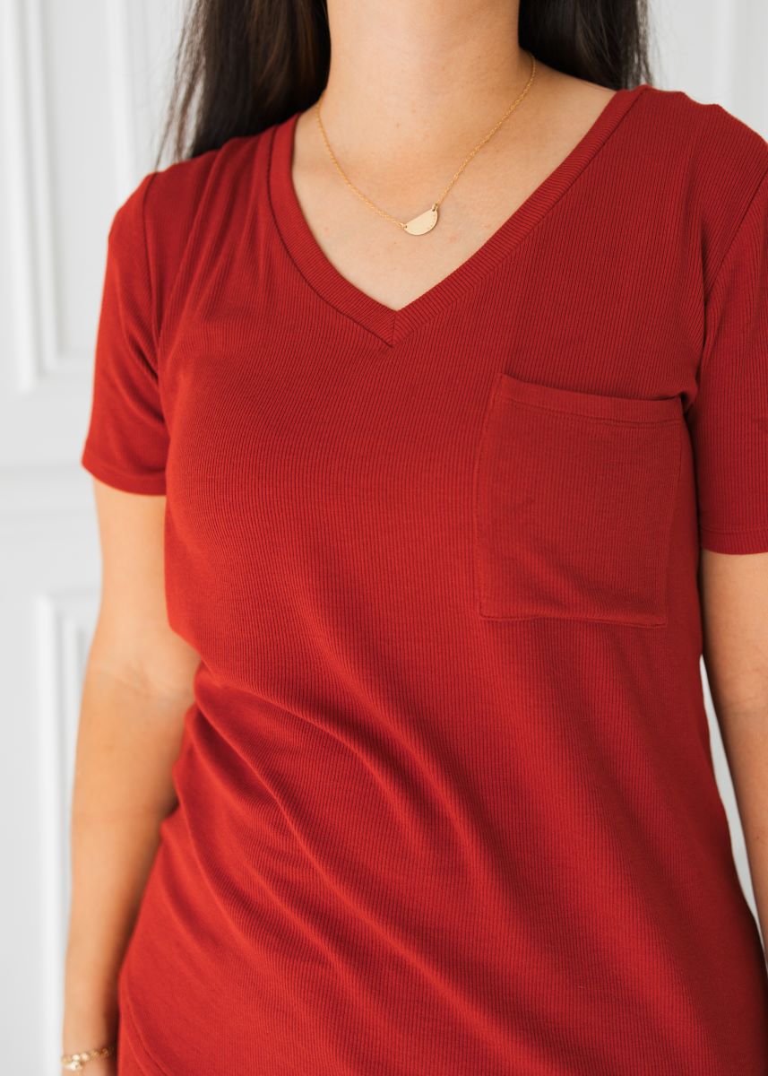 Premium Cranberry Ribbed V-Neck Pocket T-Shirt for Men & Women - Soft & Comfortable Casual Wear for Everyday Outfits