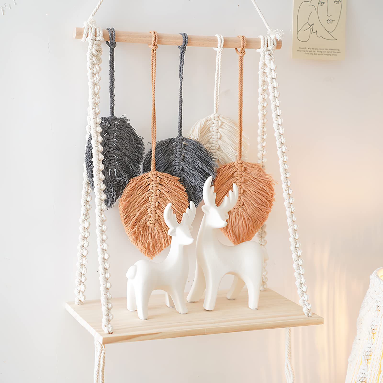 Eostbe Handmade Macrame Wooden Wall Hanging Shelf - Bohemian Leaf Design Rustic Home Decor for Bedroom & Living Room | 24’’ High Wall Display Shelf for Plants, Books & Decorative Items