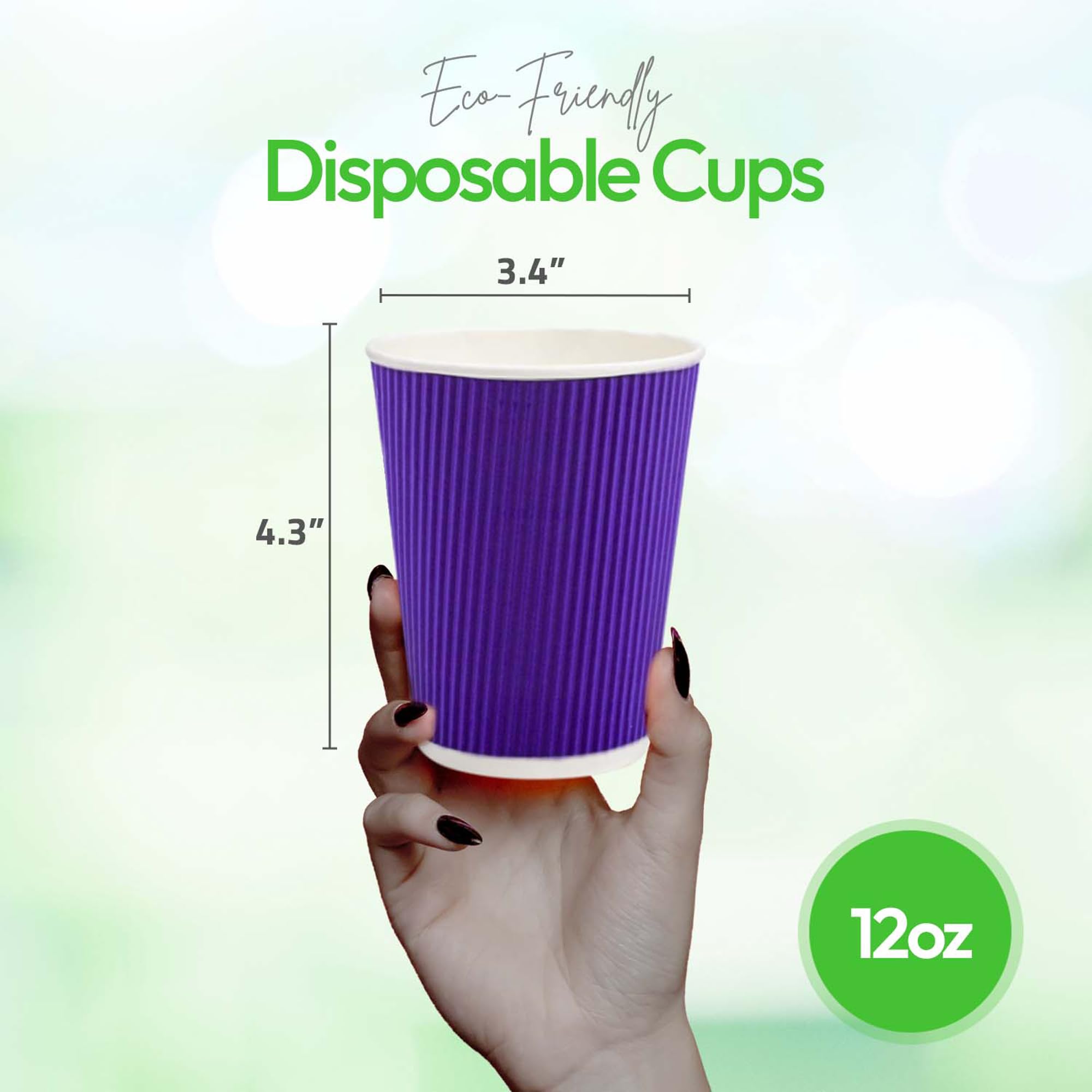 12 oz Disposable Coffee Cups - 500 Pack Insulated Ripple Wall Hot Cups for Coffee, Tea & More | Royal Purple Paper Cups with Rolled Rim | Lids Sold Separately | Perfect for Cafes, Offices & Events