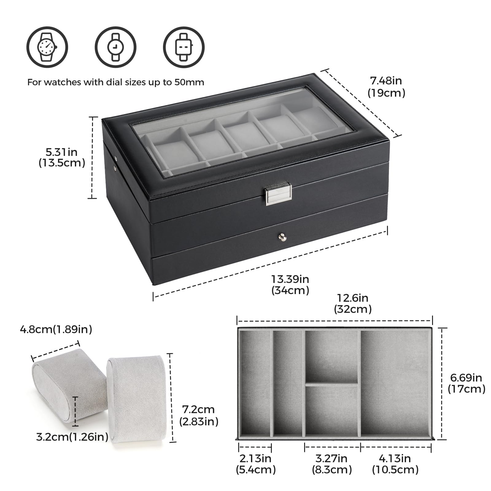 ProCase 12-Slot Watch Box for Men & Women - 2-Layer Watch Organizer with Glass Lid & Drawer - Premium Watch Display Case for Jewelry & Watch Storage - Perfect for Travel, Home Display & Gift Giving