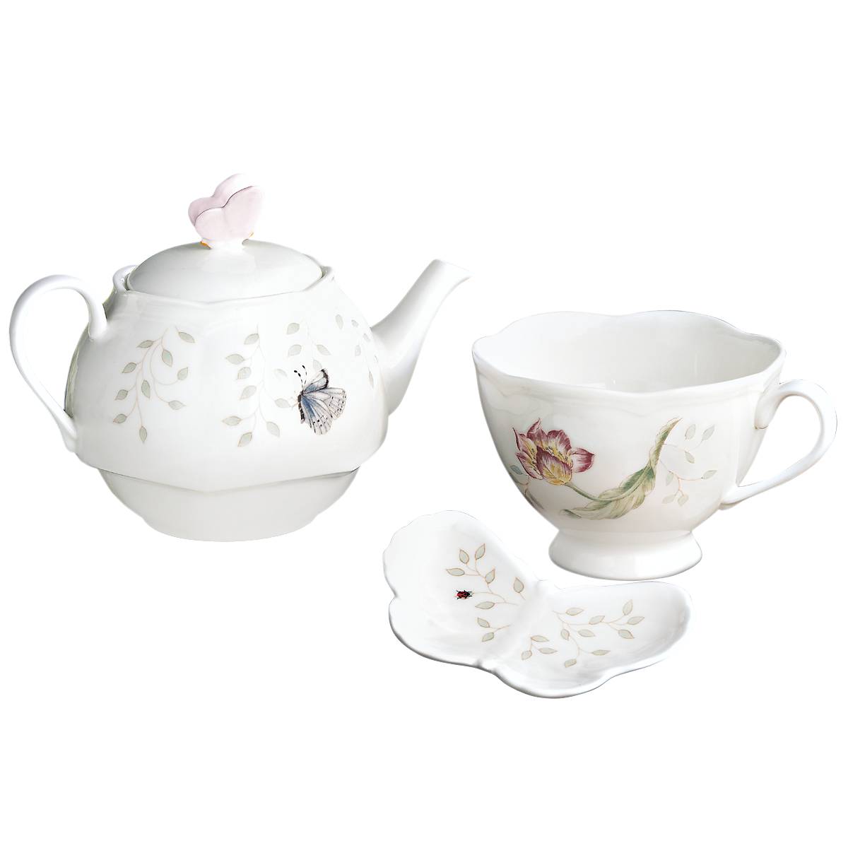 Butterfly Meadow 3-Piece Porcelain Tea Set - Floral Tea Cups with Saucers & Teapot for Afternoon Tea, Garden Parties & Home Decor