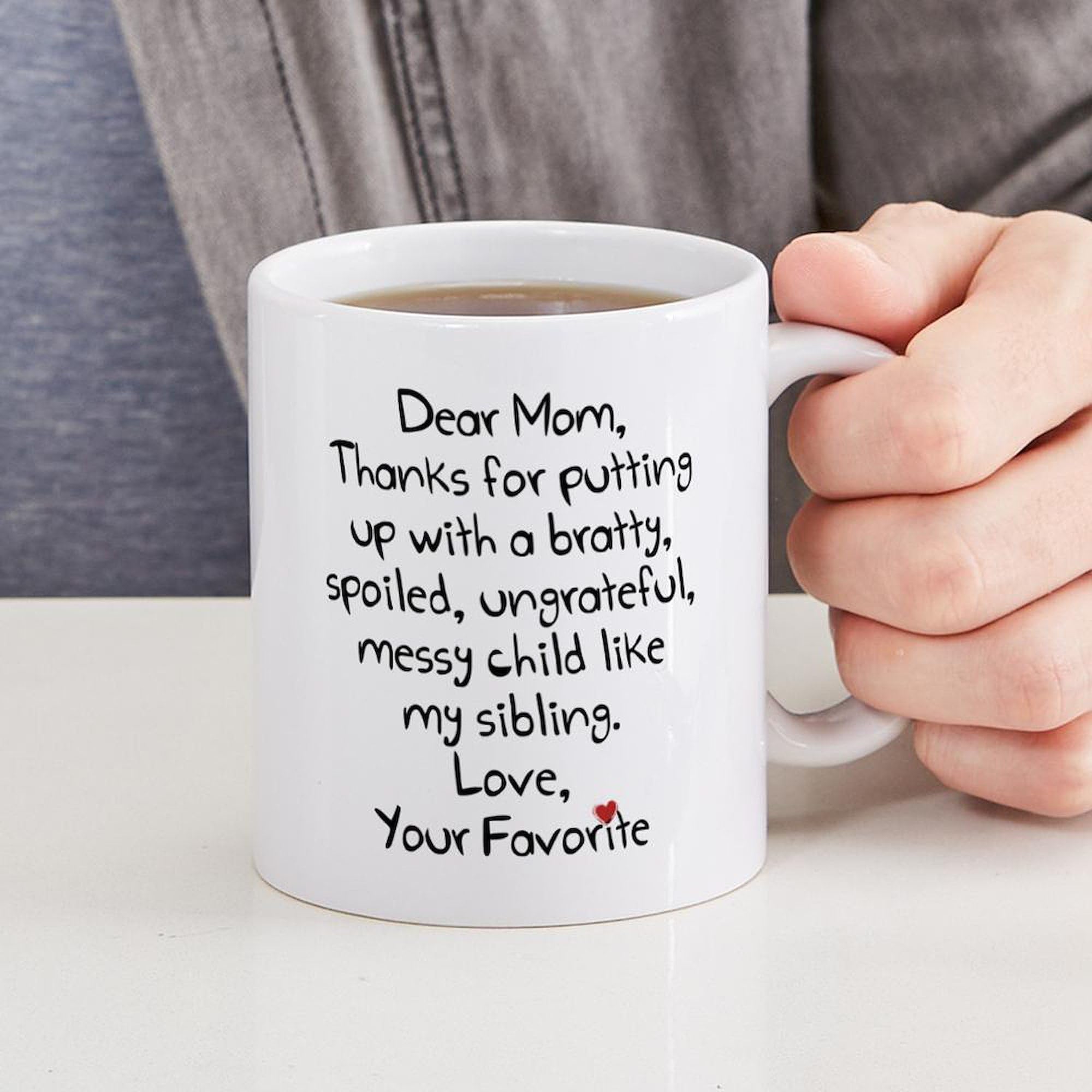The Favorite Child Ceramic Coffee Mug 11 oz (325 ml) - Funny Sibling Gift for Brother or Sister - Perfect for Tea, Coffee & Hot Drinks at Home or Office