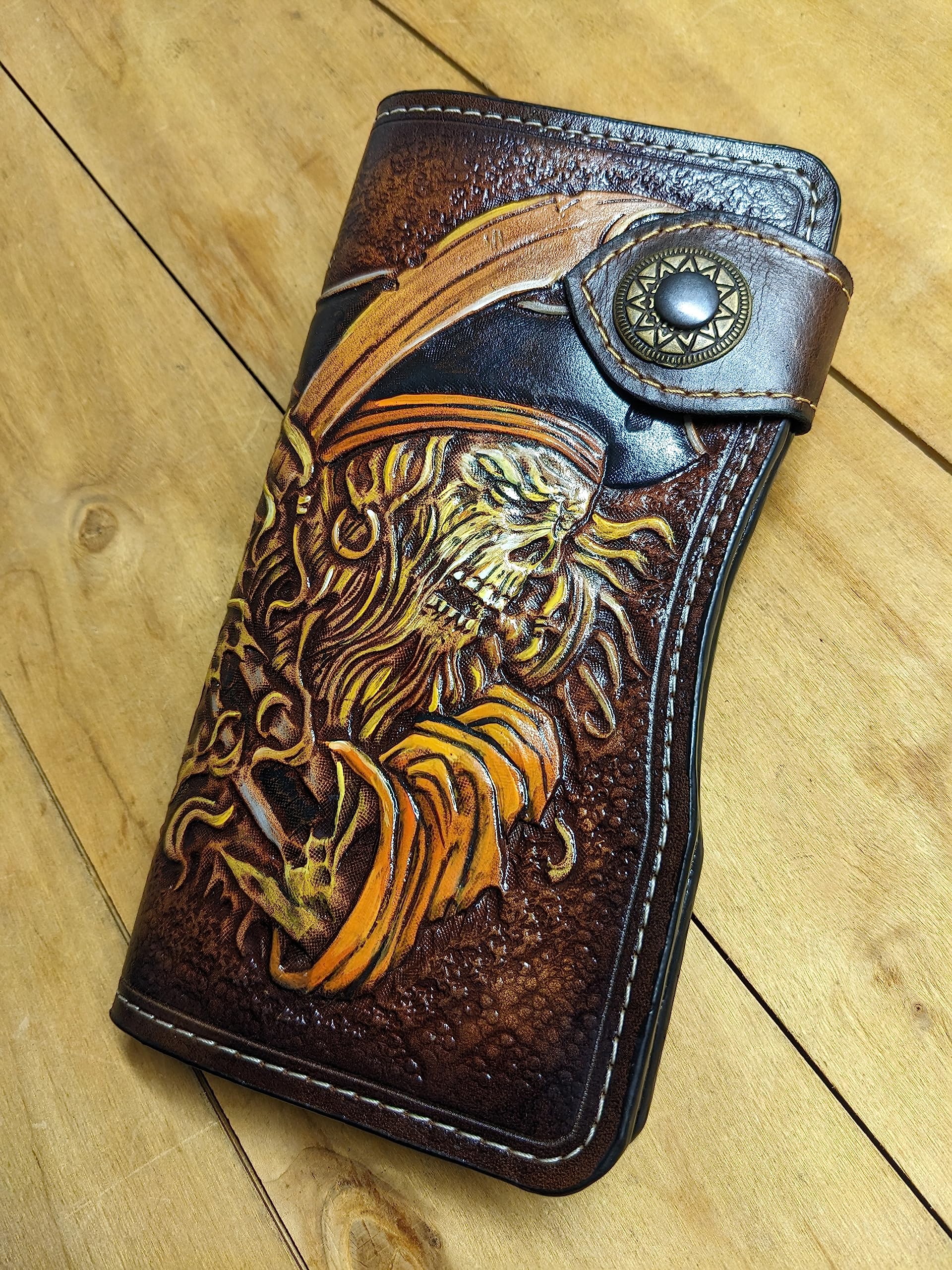Handmade 3D Genuine Leather Zombie Pirate Ship Wallet for Men - Caribbean Themed Biker Wallet with Airbrush Art, Custom Carved Design, Personalized Long Wallet for Everyday Use & Gift Giving