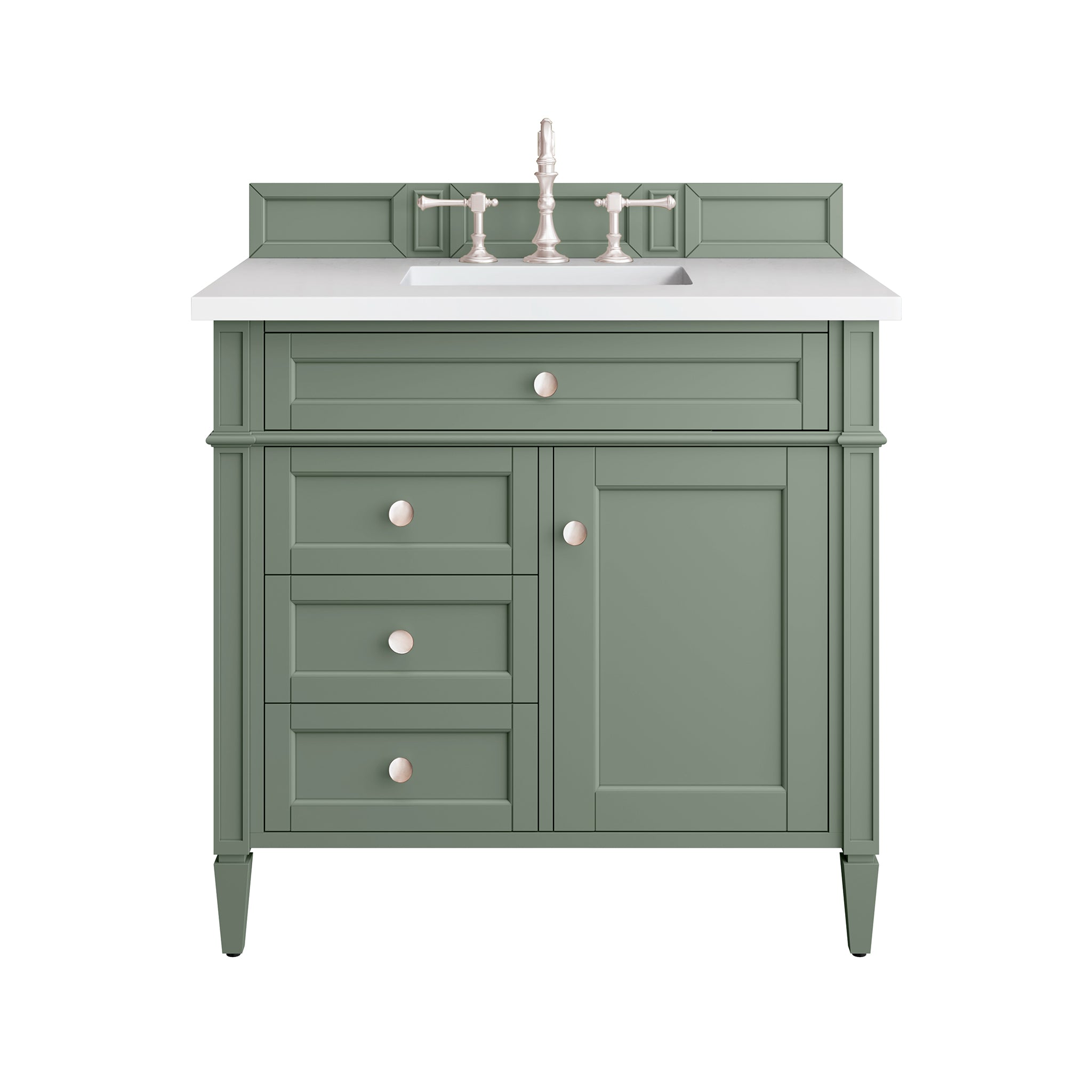 Brittany 36 Inch Single Bathroom Vanity with Smokey Celadon Finish & 3CM White Zeus Countertop - Perfect for Modern Master Bathrooms and Guest Bath Renovations