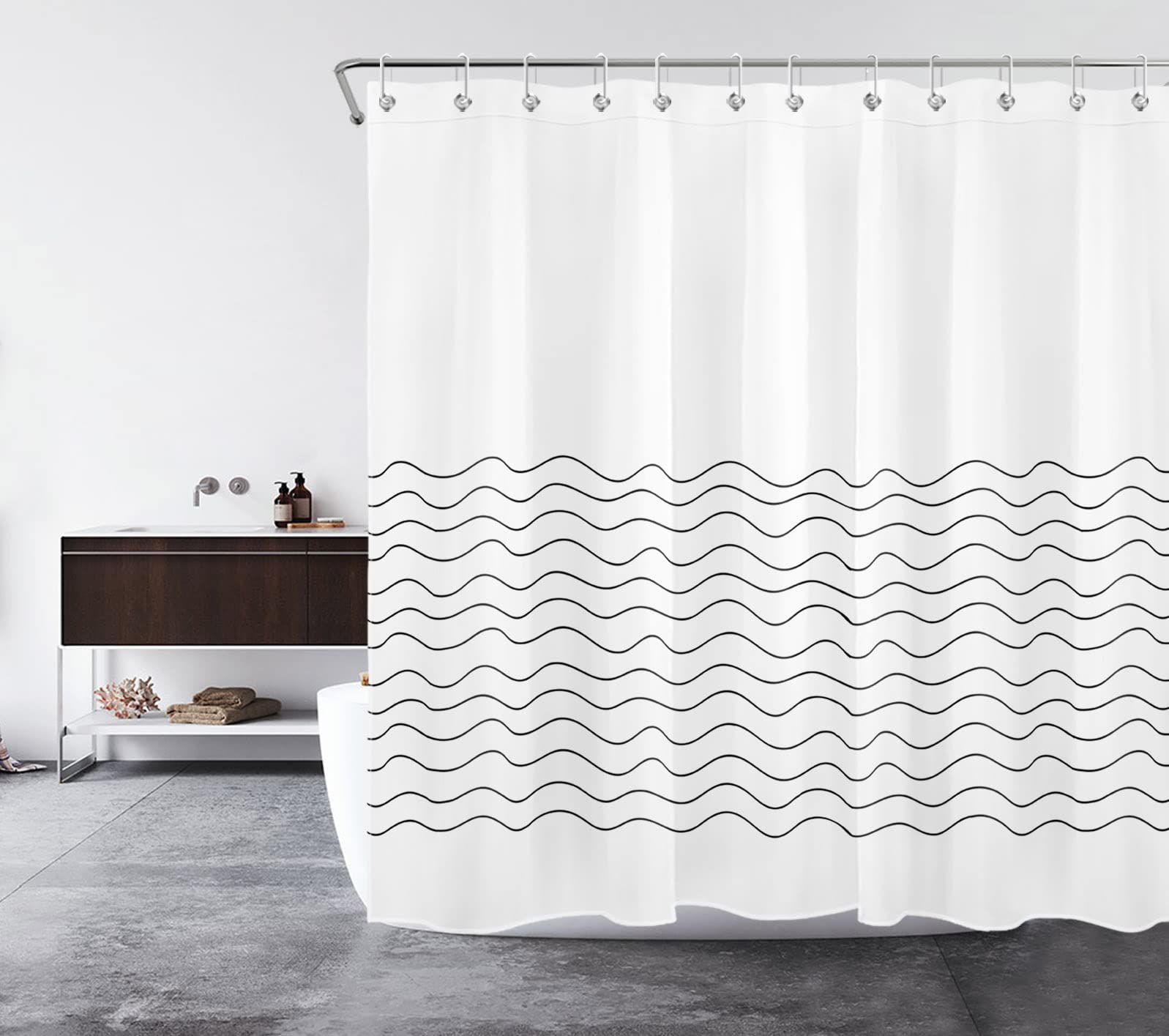 HVEST Black and White Wave Stripe Shower Curtain - Minimalist Boho Bathroom Decor with Hooks, 72x78 Inch Polyester Fabric Bath Accessories for Modern, Coastal or Scandinavian Style Bathrooms