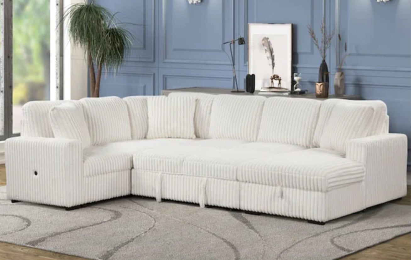 Becky Sectional Pull Out Sleeper Sofa with Storage Chaise | Corduroy Fabric | Convertible Couch Bed for Small Spaces | Perfect for Guest Rooms, Apartments & Living Rooms