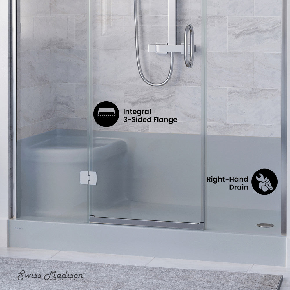Aquatique 60 x 32 Inch Single Threshold Shower Base with Right Hand Drain & Built-In Left Hand Seat - Gray | Bathroom Remodeling, Accessible Shower for Seniors & Disabled
