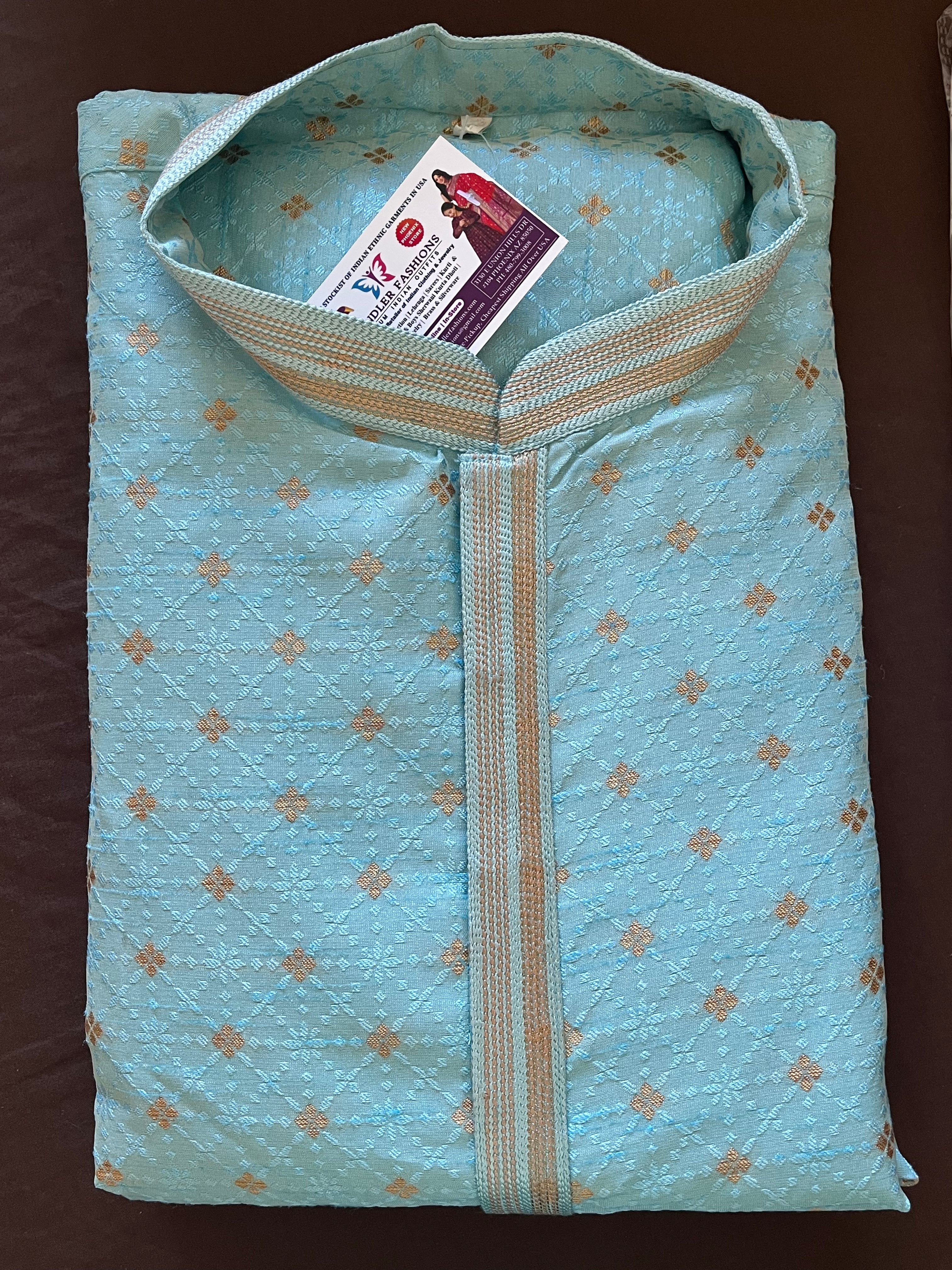 Elegant Sky Blue Art Silk Kurta for Men with Gold Thread Embroidery - Perfect for Festivals, Weddings & Special Occasions