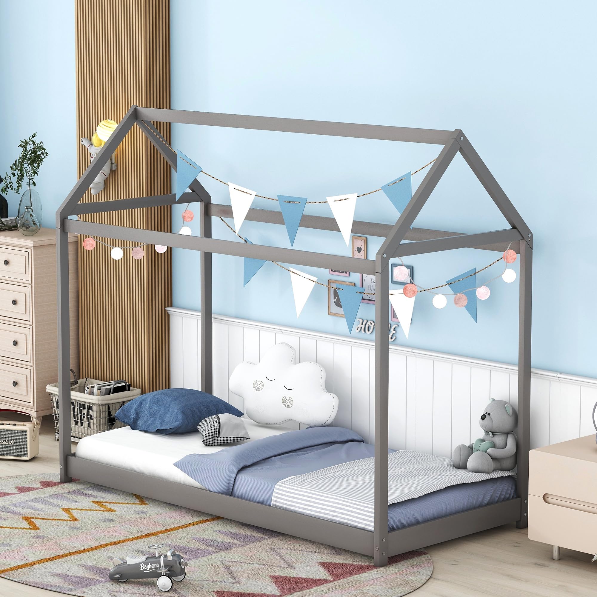Twin Size Wooden House Bed Frame - Sturdy Daybed for Toddlers, Teens, Kids | Gray Modern Floor Bed for Boys & Girls | Perfect for Nursery, Playroom or Kids Bedroom Decor