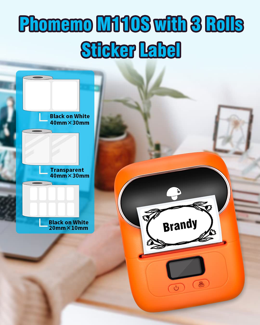 Phomemo M110S Bluetooth Thermal Label Printer - 20x20mm Label Maker for Barcode, Clothing & Jewelry | Compatible with Android & iOS | Perfect for Retail Stores, Mailing Services & Small Business Organization (Orange)