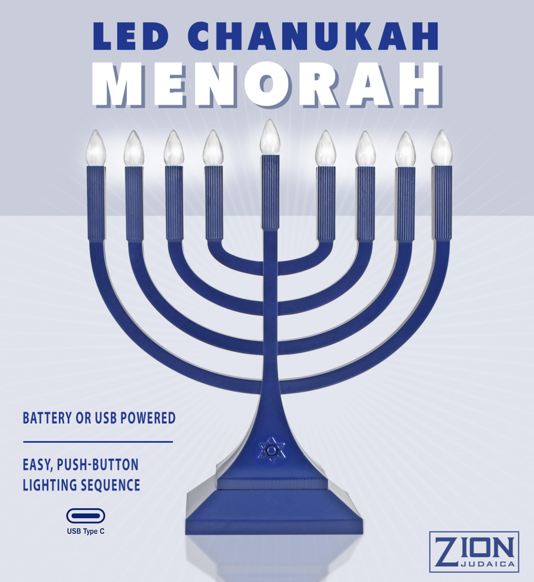 Zion Judaica 9-Inch LED Hanukkah Menorah in Blue - Battery Operated or USB-C Powered (3ft Cable Included) - Flameless Electric Chanukiah with LED Bulbs - Perfect for Hanukkah Decorations, Home Celebrations & Safe Holiday Lighting