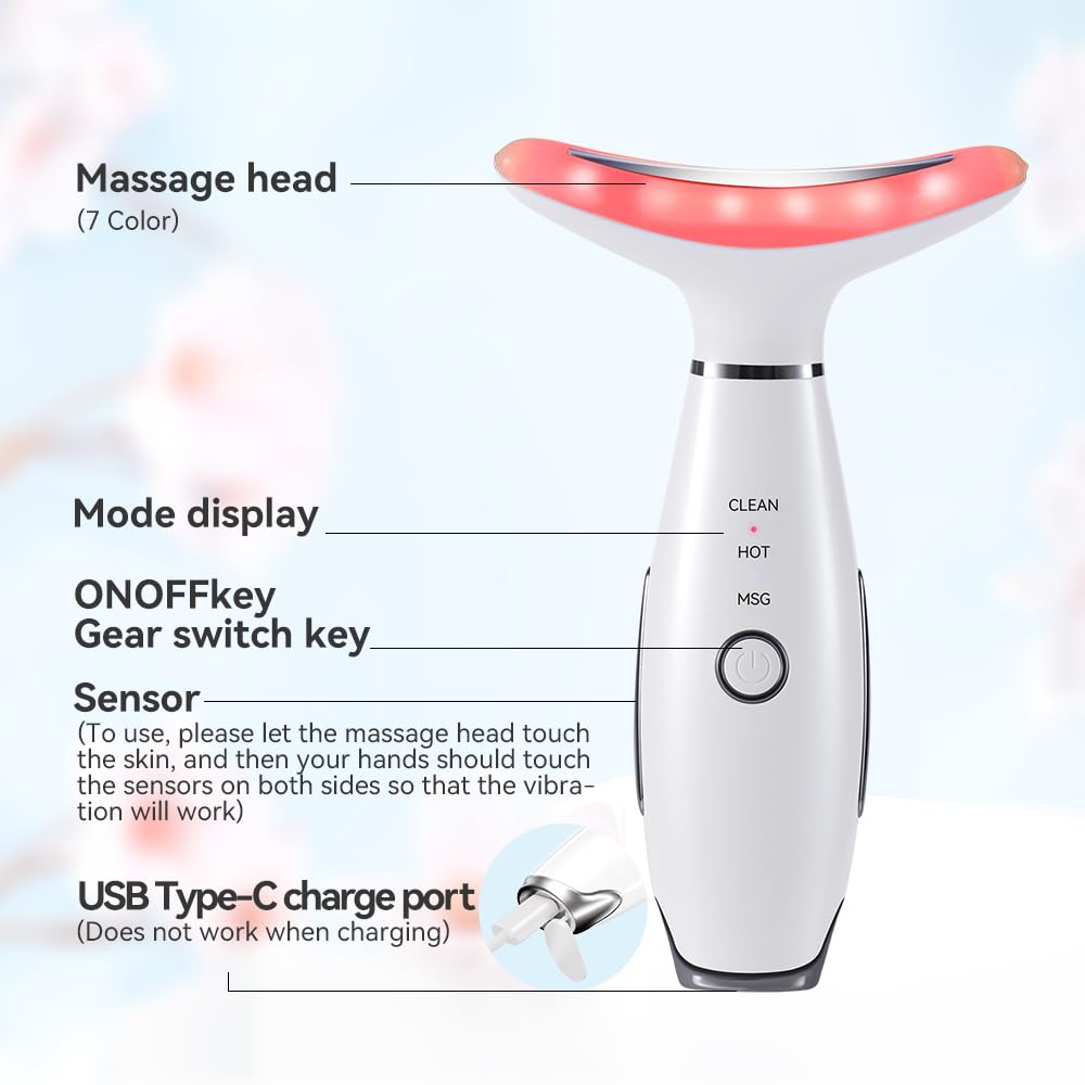 7-Color Neck & Face Massager with Heat & Vibration - Skin Care & Face Sculpting Tool for Home Spa & Relaxation - Perfect for Anti-Aging & Stress Relief - White