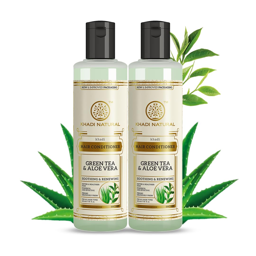 KHADI NATURAL Herbal Green Tea & Aloe Vera Hair Conditioner - Frizz-Free, Shine-Enhancing for All Hair Types | 2-Pack (420ml) | Perfect for Dry, Damaged Hair & Daily Nourishment