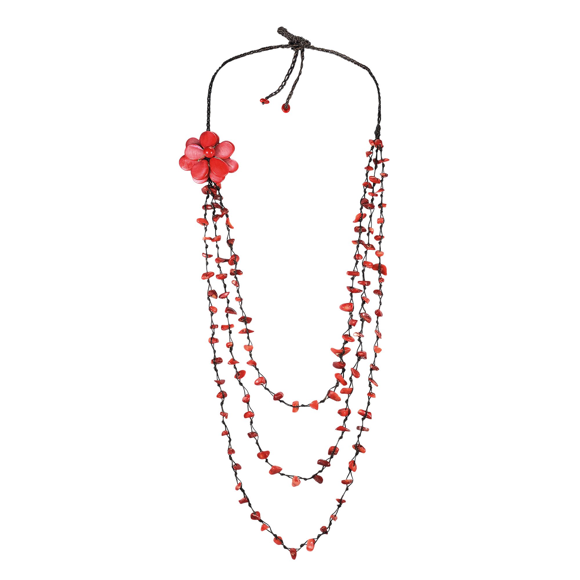 AeraVida Sweet Red Lotus Triple Layer Reconstructed Red Coral Beaded Necklace for Women - Elegant Boho Jewelry Gift for Brides, Parties & Special Occasions