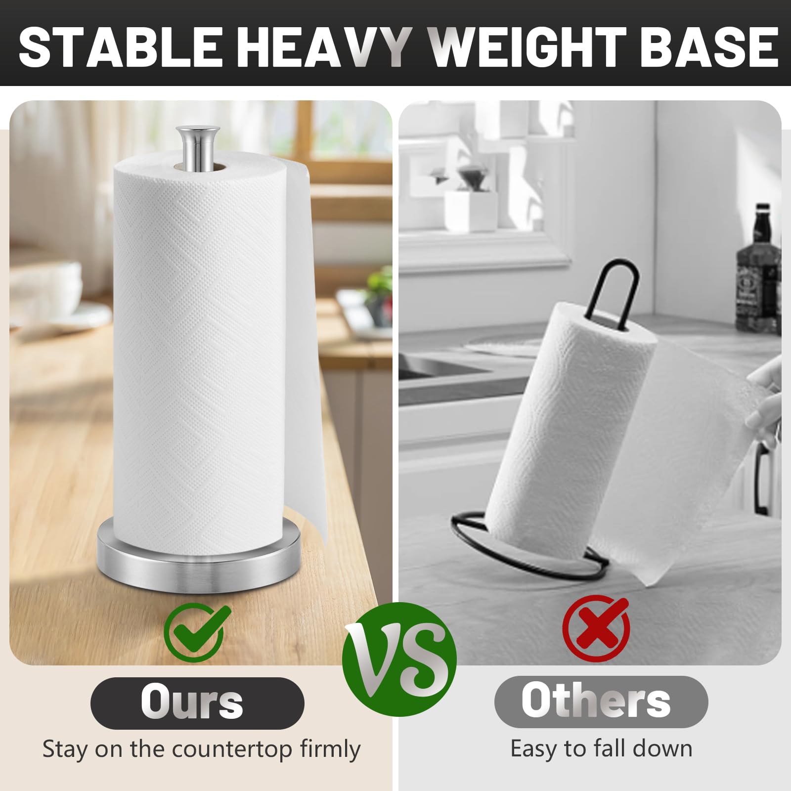 Stainless Steel Paper Towel Holder for Kitchen & Bathroom - Heavy Weight Non-Slip Base, Space Saving Countertop Design, Scratch Resistant & Smooth Surface - Perfect for Home, Office, and Restaurant Use