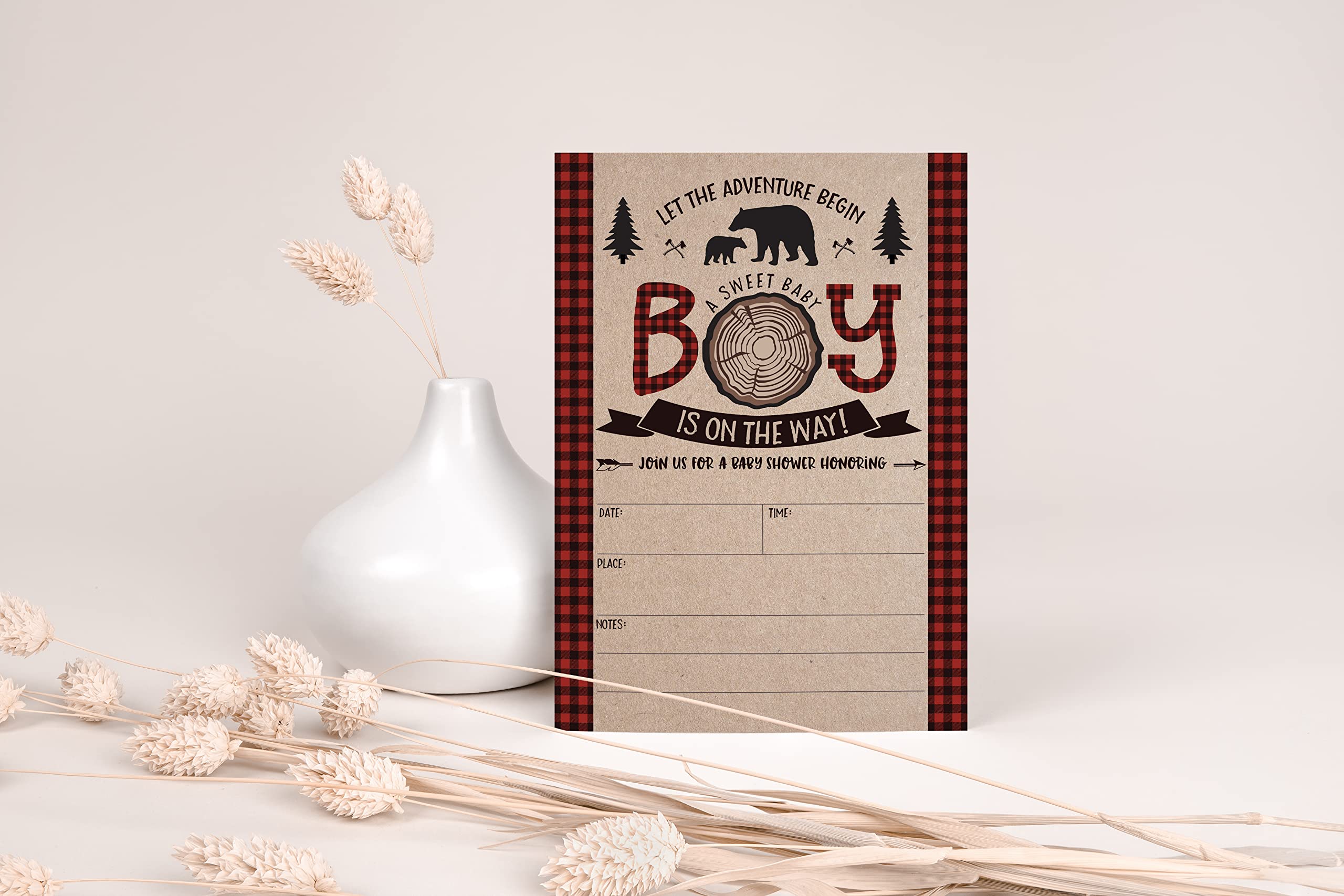 Lumberjack Baby Shower Invitations for Boys - Woodland Theme Mama Bear Baby Shower Invites with 20 Fill-in Cards & Envelopes - Perfect for Rustic Nursery, Gender Reveal Parties and Outdoor Themed Celebrations