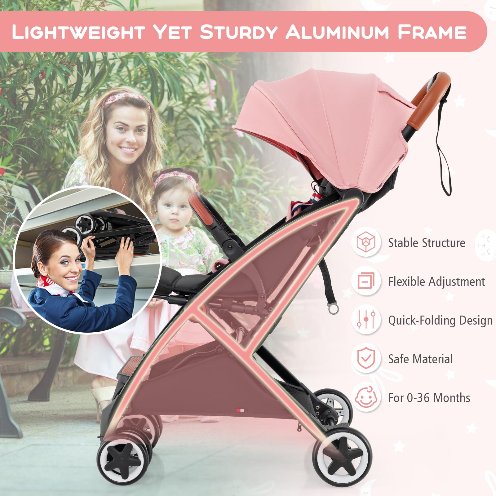 HONEY JOY Lightweight Compact Baby Stroller - One-Hand Fold Travel Stroller for Airplane, Fits Cabin & Overhead Bins, Self-Standing Toddler Stroller with Adjustable Backrest & Canopy (Pink) | Perfect for Air Travel, Shopping, and Daily Walks