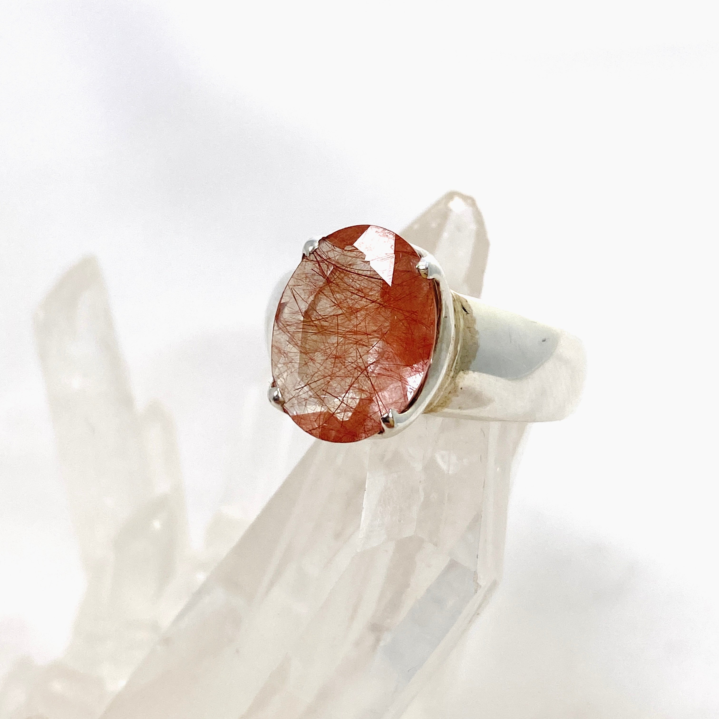 Natural Rutilated Quartz (Red) Oval Faceted Ring Size 6.5 - Handmade Sterling Silver Jewelry for Women, Gift for Her, Wedding, Anniversary & Special Occasions