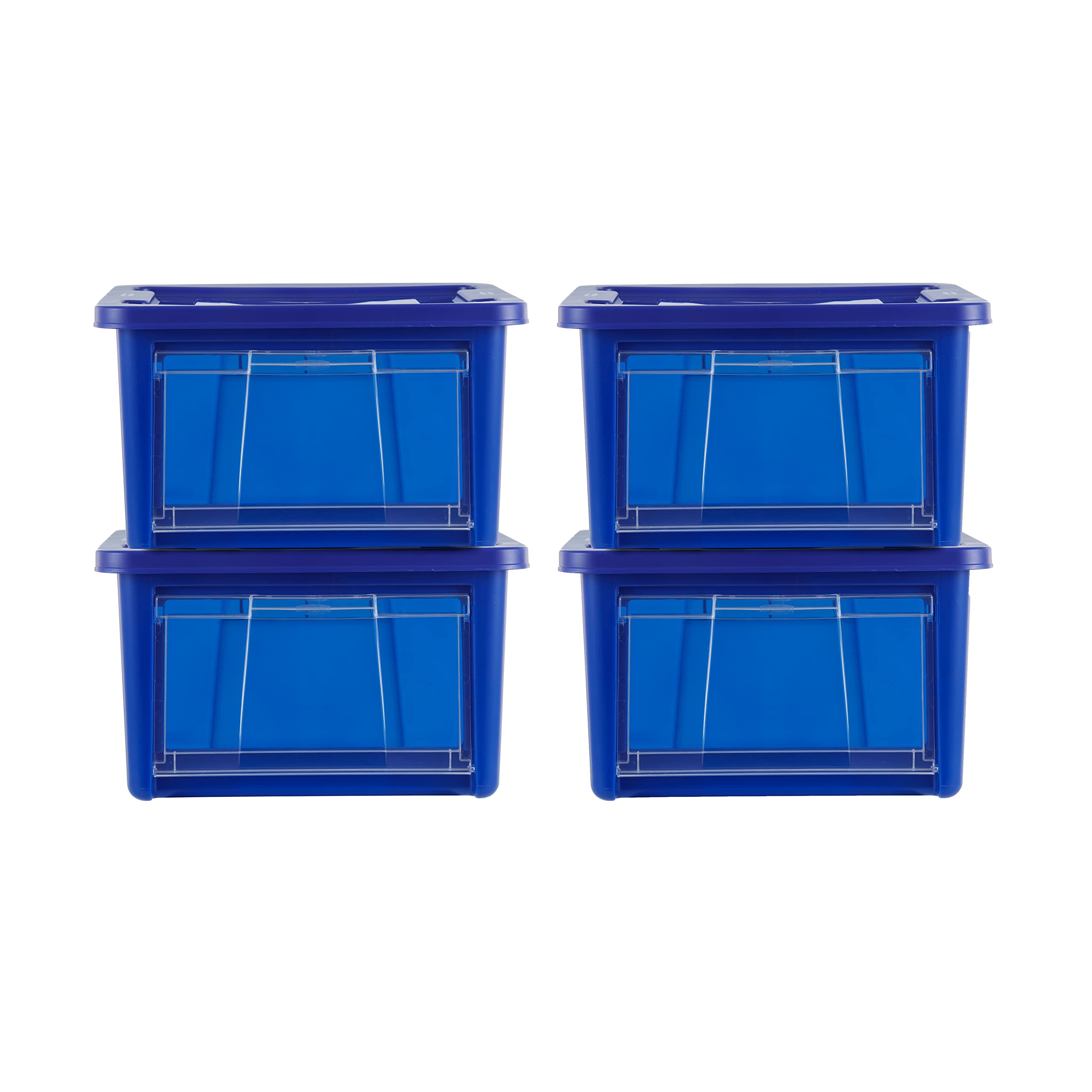 Rubbermaid 4-Pack Small All-Access Storage Totes with Lids - Stackable Clear Drop-Door Bins with Handles for Closet, Pantry & Home Organization - Blazer Blue Plastic Containers for Toys, Clothes & Household Items