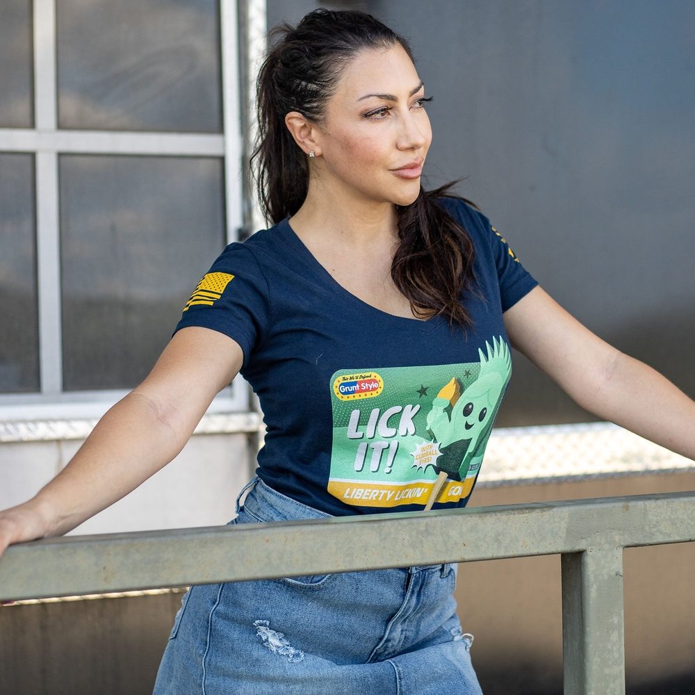 Women's Lick It V-Neck T-Shirt in Midnight Navy - Soft Cotton Casual Tee for Everyday Wear & Street Style