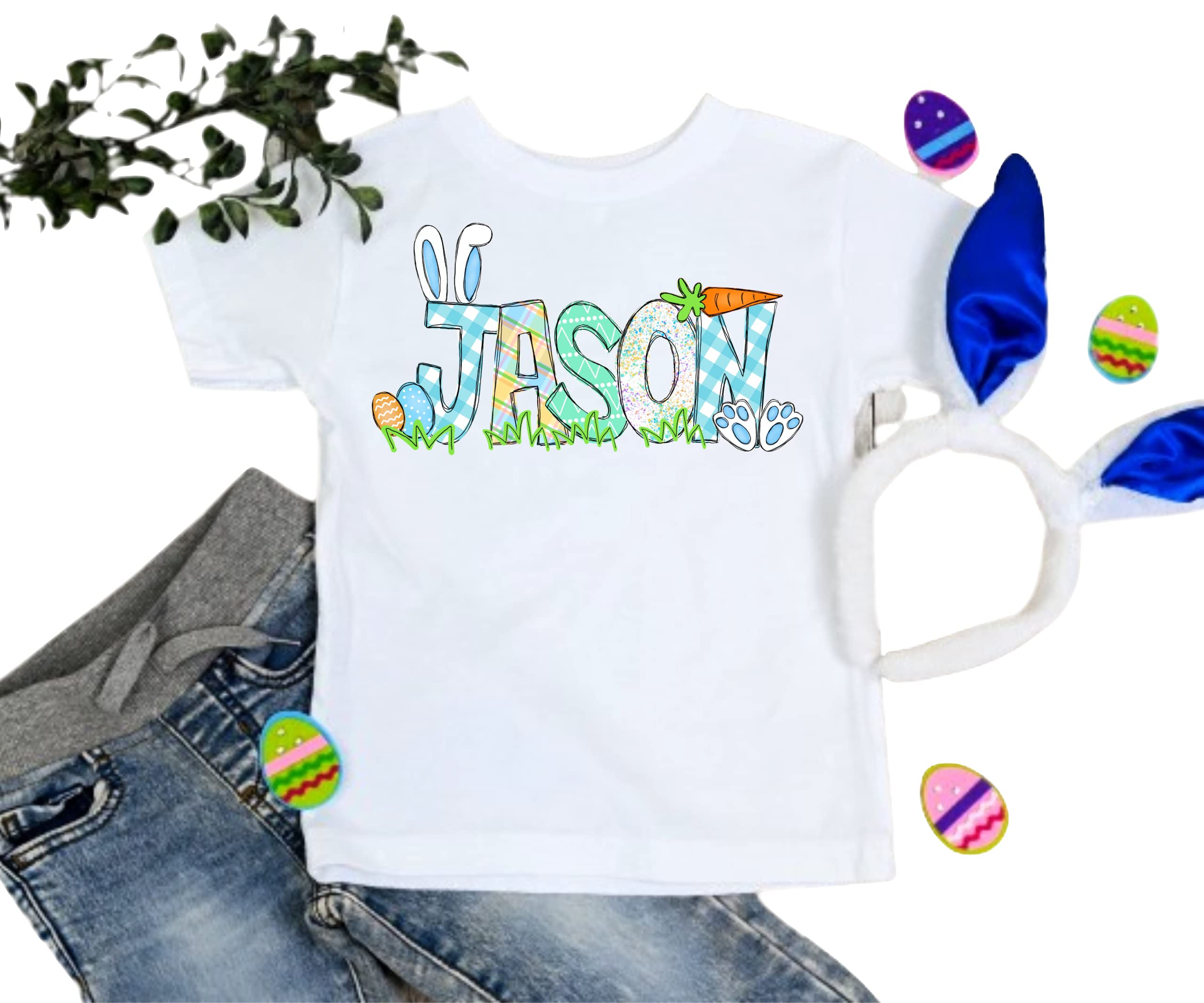 Custom Personalized Easter Bunny Ears T-Shirt - Cute Pastel Egg & Carrot Print Boys Shirt for Easter Celebrations, Spring Festivals & Family Photo Outfits