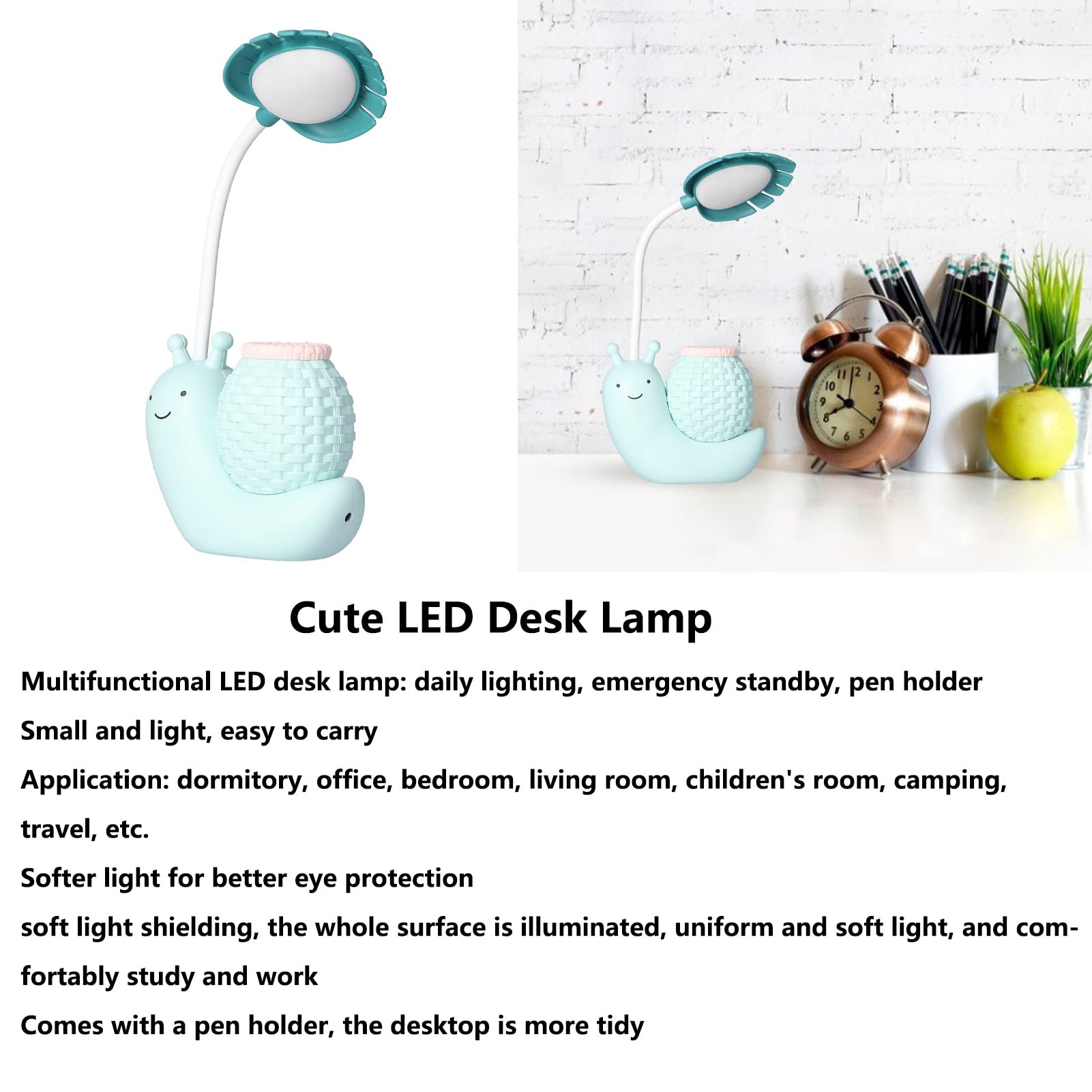 Serlium Adjustable USB Desk Lamp with Charging Port - 3 Brightness Levels, Eye-Caring LED Light for Study, Reading & Office Work - Cute Blue Table Lamp for Kids Room, Dorm & Home Decor