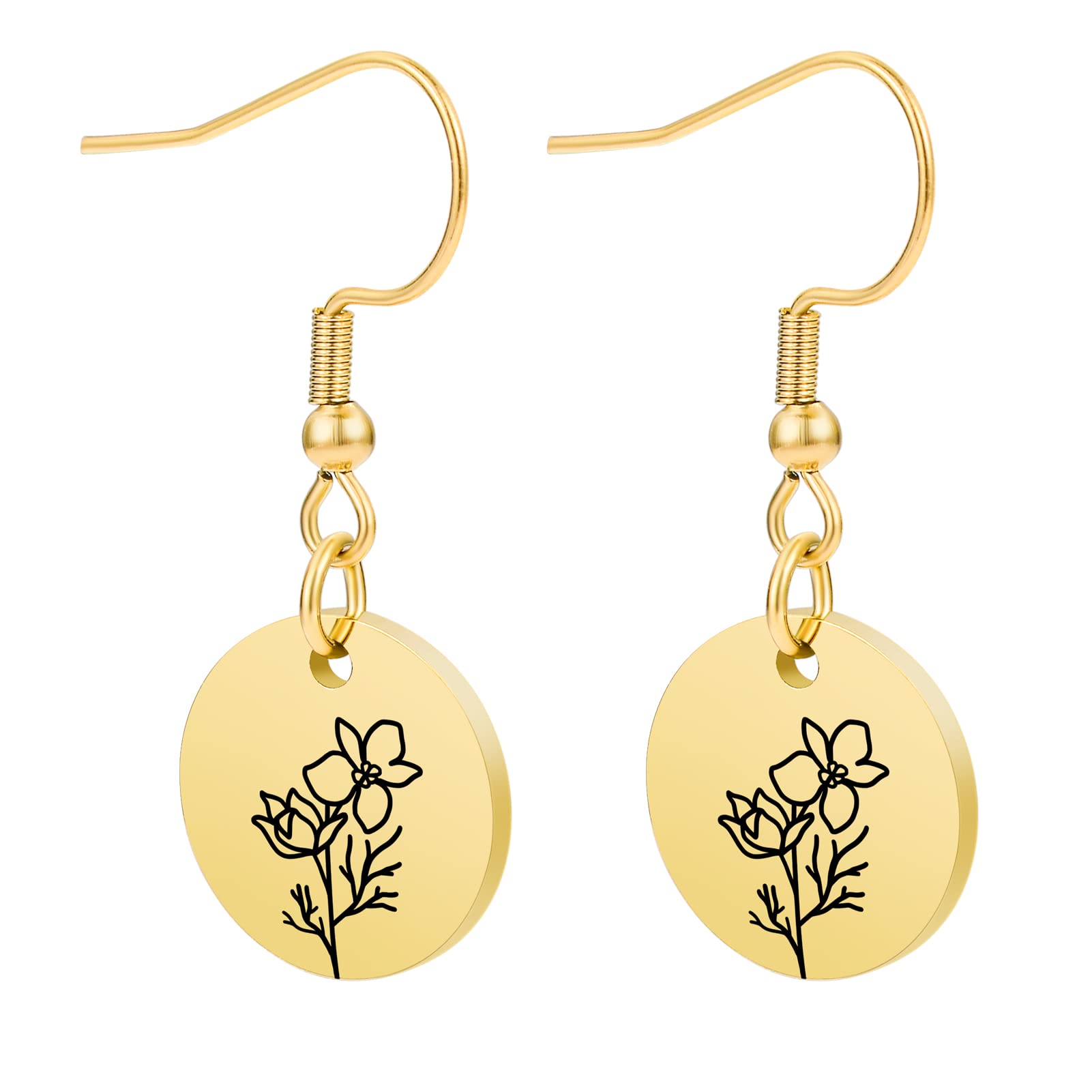 18K Gold Birth Flower Earrings - Personalized Engraved Birth Month Floral Dangle Earrings | Minimalist Dainty Charm Jewelry for Women & Teen Girls | Perfect Gift for Birthday, Anniversary & Special Occasions