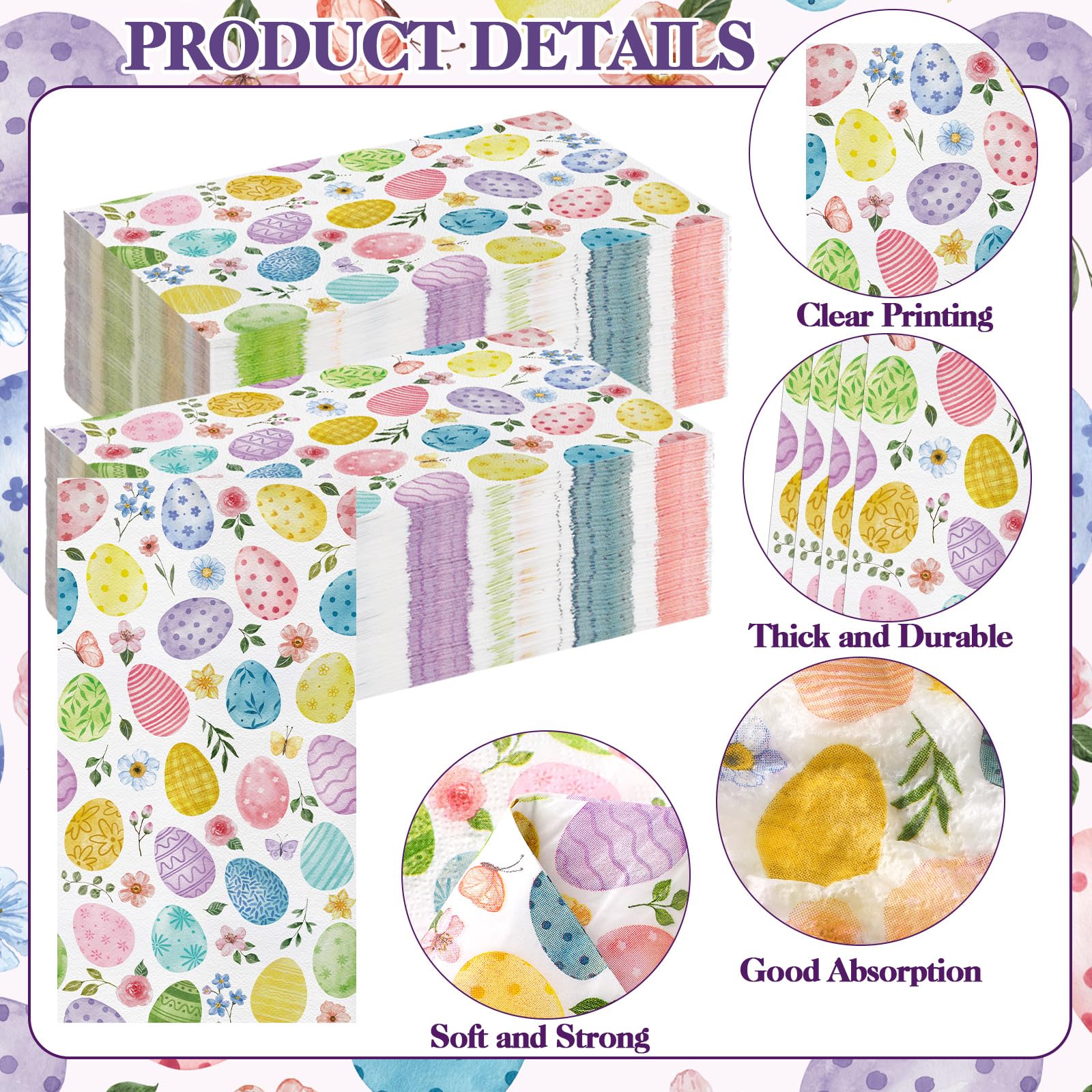 200-Pack Easter Bunny & Floral Disposable Napkins - Bulk Spring Party Paper Hand Towels for Home, Family Dinner, Easter Brunch & Holiday Decorations (Easter Egg Design)