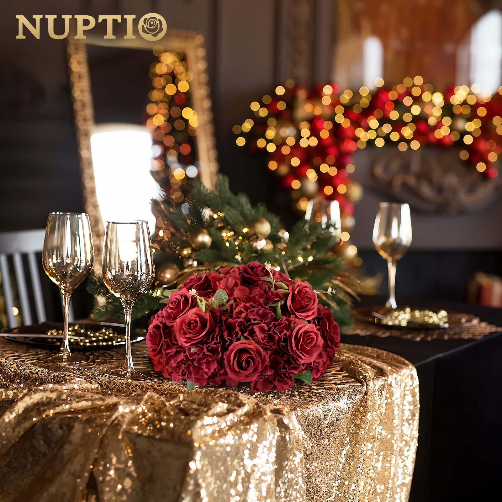 NUPTIO 10-Pack Burgundy Artificial Silk Rose Flower Balls - 14.2 Inch Diameter Wedding Centerpieces for Tables, Reception, Birthday Party Decorations - Elegant Home & Event Floral Arrangements