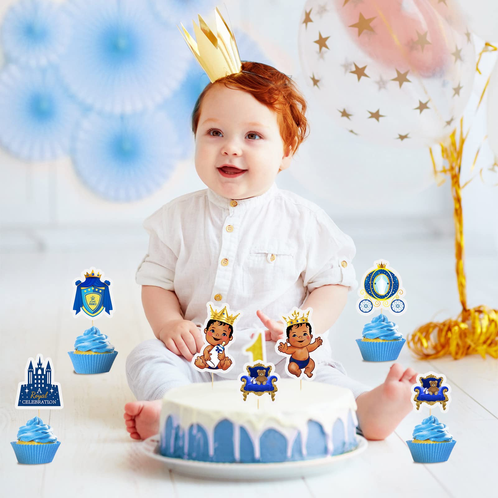 48-Piece Little Prince Cupcake Toppers - Royal Baby Shower & Birthday Party Decorations for Boys, African American Prince Theme - Perfect for Black Boys' Baby Showers, Birthdays & Cake Decorating