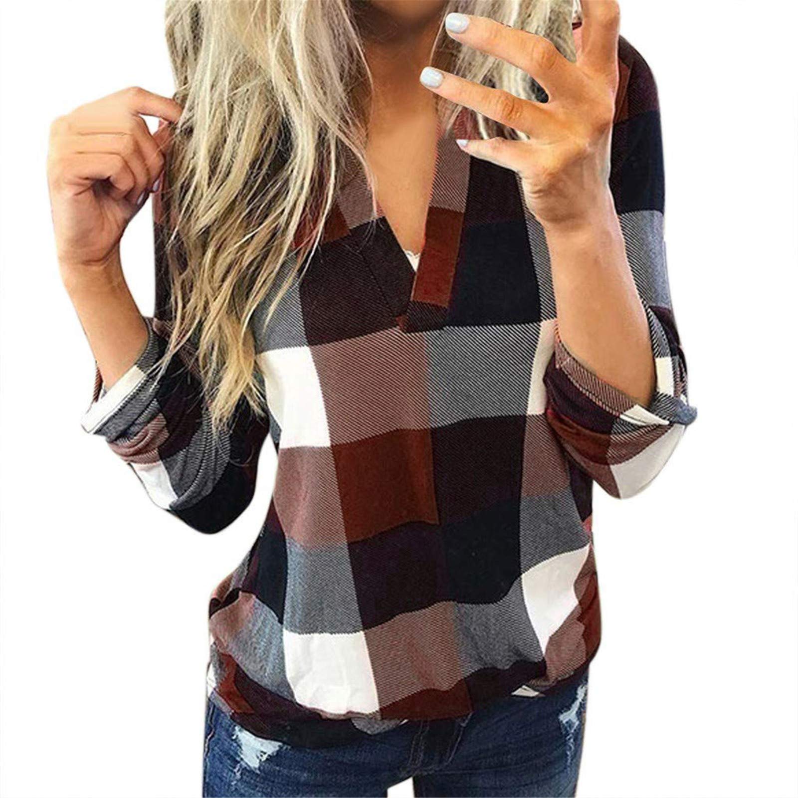 Eoailr Women's Long Sleeve Plaid Shirt & V-Neck T-Shirt - Casual Color Block Blouse Tunic for Work, Date Night & Everyday Wear