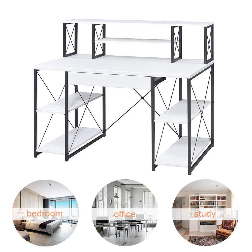 Modern White Computer Desk with Hutch & Drawer - 47