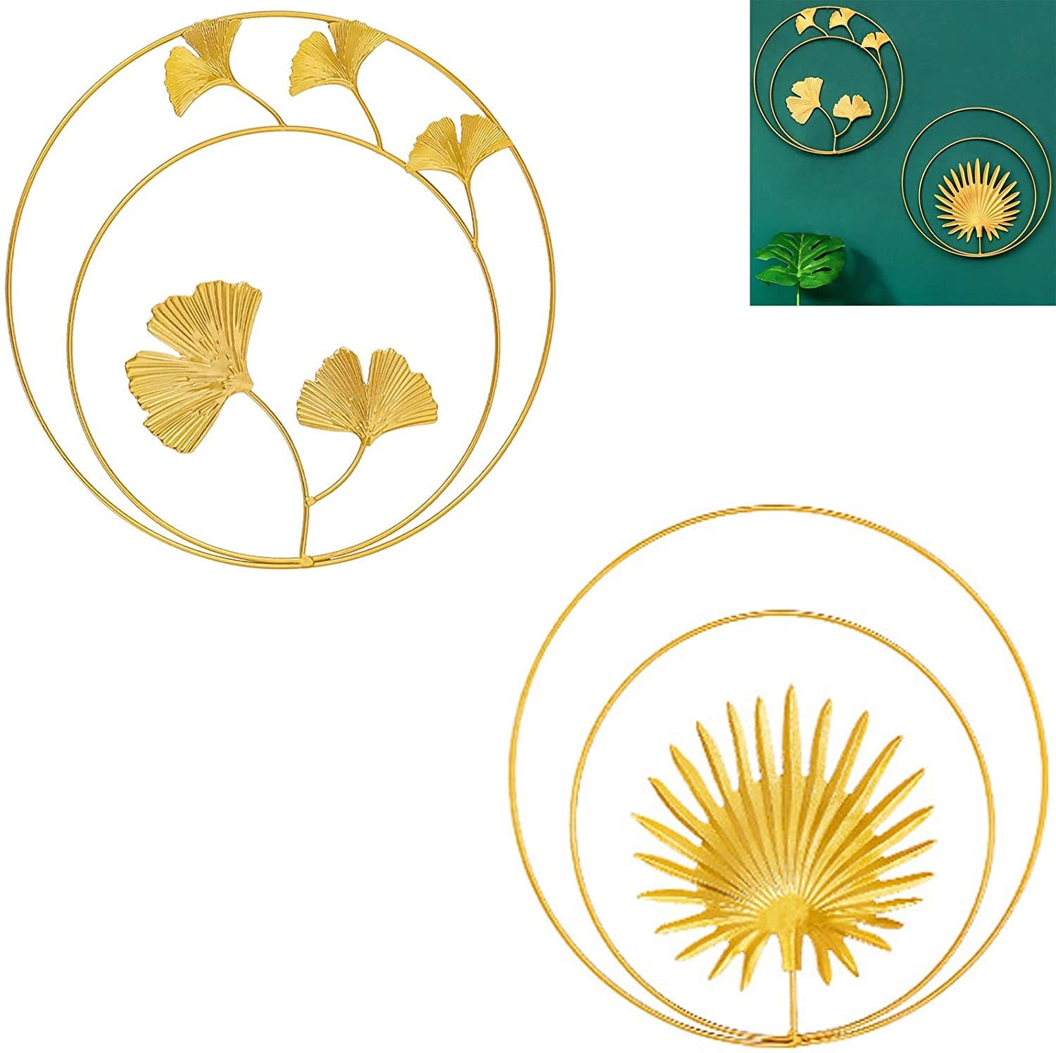 2 Pcs Metal Wall Decor - Iron Ginkgo Leaves & Palm Leaf Round Wall Art for Balcony, Corridor, Bedroom - Vintage Home Decoration for Boho, Farmhouse & Modern Interior Design Styles