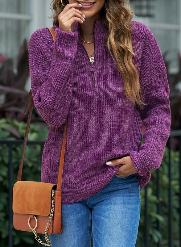 EVALESS Women's Waffle Knit Quarter Zip Pullover Sweater - Long Sleeve Business Casual Top for Office, Travel & Fall Layering