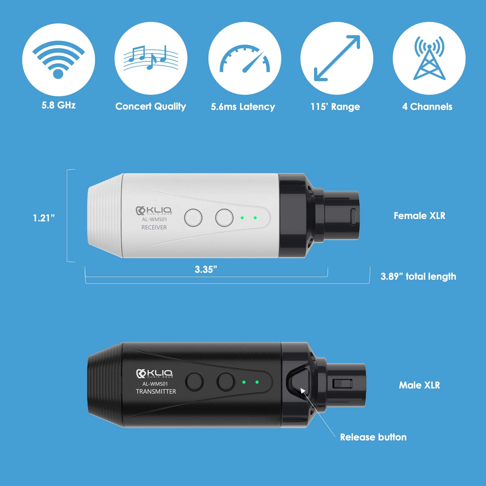 KLIQ Airlink 5.8GHz Rechargeable Wireless Microphone System - Professional Transmitter & Receiver Set for Karaoke, Live Performances & Public Speaking - Long Range Wireless Mic with Clear Audio